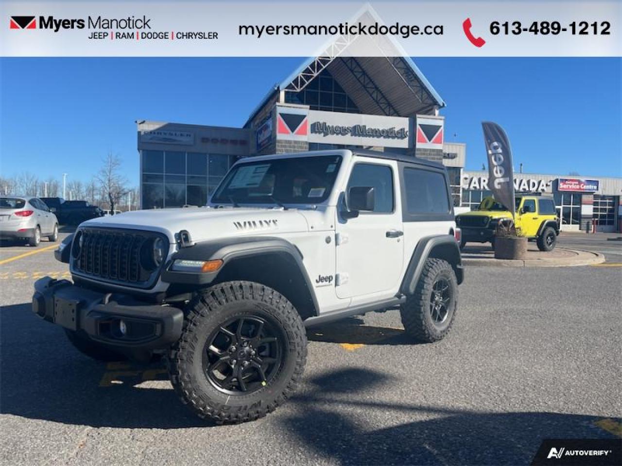 <b>Freedom Top!</b><br> <br> <br> <br>Call 613-489-1212 to speak to our friendly sales staff today, or come by the dealership!<br> <br>  Hello. <br> <br><br> <br> This bright white SUV  has an automatic transmission and is powered by a  270HP 2.0L 4 Cylinder Engine.<br> <br> Our Wranglers trim level is Willys. This off-road icon in the Willys trim features off-road wheels with beefier suspension, comes standard with tow equipment that includes trailer sway control, front and rear tow hooks, front fog lamps, and a manual convertible top with fixed rollover protection. Also standard include front and rear illuminated cupholders, air conditioning, full carpet floors with all-weather mats, an 8-speaker audio system, and a 12.3-inch infotainment screen powered by Uconnect 5W, with smartphone integration and mobile hotspot internet access. Additional features include cruise control, a rearview camera, and even more. This vehicle has been upgraded with the following features: Freedom Top. <br><br> View the original window sticker for this vehicle with this url <b><a href=http://www.chrysler.com/hostd/windowsticker/getWindowStickerPdf.do?vin=1C4PJXAN7SW505077 target=_blank>http://www.chrysler.com/hostd/windowsticker/getWindowStickerPdf.do?vin=1C4PJXAN7SW505077</a></b>.<br> <br>To apply right now for financing use this link : <a href=https://CreditOnline.dealertrack.ca/Web/Default.aspx?Token=3206df1a-492e-4453-9f18-918b5245c510&Lang=en target=_blank>https://CreditOnline.dealertrack.ca/Web/Default.aspx?Token=3206df1a-492e-4453-9f18-918b5245c510&Lang=en</a><br><br> <br/>    5.49% financing for 96 months. <br> Buy this vehicle now for the lowest weekly payment of <b>$169.38</b> with $0 down for 96 months @ 5.49% APR O.A.C. ( Plus applicable taxes -  $1199  fees included in price    ).  Incentives expire 2024-12-02.  See dealer for details. <br> <br>If youre looking for a Dodge, Ram, Jeep, and Chrysler dealership in Ottawa that always goes above and beyond for you, visit Myers Manotick Dodge today! Were more than just great cars. We provide the kind of world-class Dodge service experience near Kanata that will make you a Myers customer for life. And with fabulous perks like extended service hours, our 30-day tire price guarantee, the Myers No Charge Engine/Transmission for Life program, and complimentary shuttle service, its no wonder were a top choice for drivers everywhere. Get more with Myers!<br> Come by and check out our fleet of 40+ used cars and trucks and 90+ new cars and trucks for sale in Manotick.  o~o