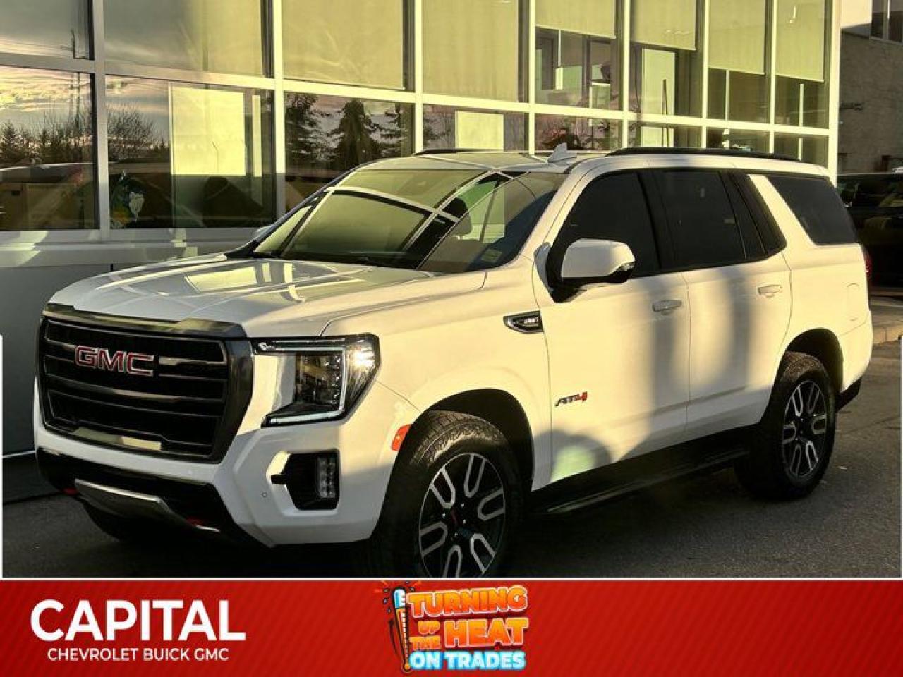 Check out this 2023 GMC Yukon AT4. Its Automatic transmission and Gas V8 5.3L/ engine will keep you going. This GMC Yukon has the following options: ENGINE, 5.3L ECOTEC3 V8 with Dynamic Fuel Management, Direct Injection and Variable Valve Timing, includes aluminum block construction (355 hp [265 kW] @ 5600 rpm, 383 lb-ft of torque [518 Nm] @ 4100 rpm) (STD), Wireless charging (Beginning October 31, 2022 through November 20, 2022, certain vehicles will be forced to include (00C) Not Equipped with Wireless Charging, which removes Wireless Charging. See dealer for details or the window label for the features on a specific vehicle.), Wireless Apple CarPlay/Wireless Android Auto, Wipers, front intermittent, Rainsense, Wiper, rear intermittent, Windows, power, rear with Express-Down, Window, power with front passenger Express-Up/Down, Window, power with driver Express-Up/Down, Wi-Fi Hotspot capable (Terms and limitations apply. See onstar.ca or dealer for details.), and Wheels, 20 x 9 (50.8 cm x 22.9 cm) 6-spoke machined aluminum with Carbon Grey Metallic accents. Stop by and visit us at Capital Chevrolet Buick GMC Inc., 13103 Lake Fraser Drive SE, Calgary, AB T2J 3H5.