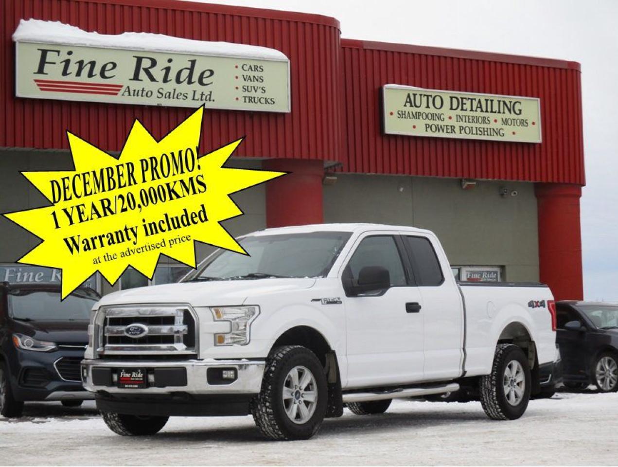 <p>2016 Ford F-150 XLT Super Cab 4X4</p><p>5.0LTR V8<br>ONLY 157,000kms!<br>A/C<br>Tilt<br>Cruise<br>Power windows<br>Power locks<br>Power mirrors<br>AM/FM radio<br>SYNC by Microsoft / Bluetooth<br>6 passengers<br>Locking tailgate<br>Back up camera<br>Tonneau cover<br>Box liner<br>Step bars<br>Fog lights</p><p>$25,975 Safetied<br>Financing and Warranty Available at Fine Ride Auto Sales Ltd<br>www.FineRideAutoSales.ca</p><p>Call: 204-415-3300 or 1-855-854-3300<br>Text: 204-226-1790<br>View in person at: Unit 3-3000 Main Street</p><p>DLR# 4614<br>**Plus applicable taxes**</p><p></p><p><span style=color:#000000;><span style=font-family:book antiqua, palatino, serif;font-size:14pt;>Monday                9am to 6pm</span></span><br><span style=color:#000000;><span style=font-family:book antiqua, palatino, serif;font-size:14pt;>Tuesday               9am to 6pm</span></span><br><span style=color:#000000;><span style=font-family:book antiqua, palatino, serif;font-size:14pt;>Wednesday               9am to 6pm</span></span><br><span style=color:#000000;><span style=font-family:book antiqua, palatino, serif;font-size:14pt;>Thursday                9am to 6pm</span></span><br><span style=color:#000000;><span style=font-family:book antiqua, palatino, serif;font-size:14pt;>Friday                9am to 5pm</span></span><br><span style=color:#000000;><span style=font-family:book antiqua, palatino, serif;font-size:14pt;>Saturday                   10am to 2pm</span></span><br><span style=color:#000000;><span style=font-family:book antiqua, palatino, serif;font-size:14pt;>Sunday                    CLOSED</span></span></p>