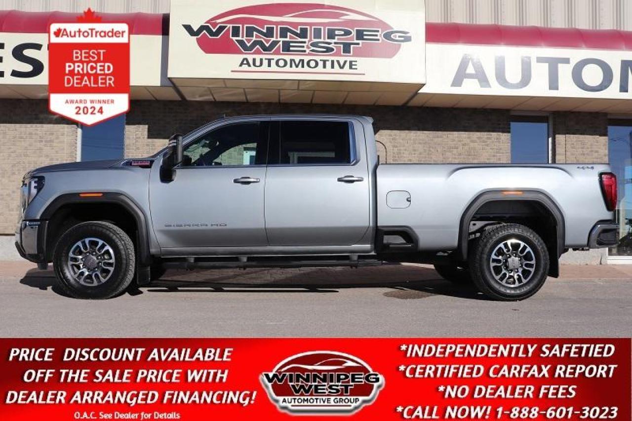 SALE PRICE: $79,800 **ASK US HOW TO RECEIVE A PRICE DISCOUNT WITH DEALER ARRANGED FINANCING O.A.C.** PLUS APPLICABLE TAXES. NO ADMINISTRATION FEES!! 

SAVE BIG $$ ON THIS STILL AS NEW WITH VERY LOW KMS, LOCAL CDN LEASE RETURN, VERY SHARP & VERY WELL EQUIPPED! WORK READY, ALL NEW DESIGN INSIDE AND OUT 2024 GMC SIERRA 3500HD FULL CREW CAB SLE PREMIUM 4X4 EDITION WITH A FULL SIZE 8FT BOX AND LOADED WITH ALL THE RIGHT OPTIONS, THE PROVEN 6.6L DURAMAX DIESEL ENGINE, THE NEW 10 SPEED AUTO TRANNY AND MORE AND IT IS READY TO GO!

- 6.6L Duramax Diesel V8 (making 470 hp and 975 lb-ft of torque )
- Auto 2 stage 4X4 with AWD
- New Gen 10-speed automatic
- Auto Locking Rear  Diff 3.42 RATIO
- STABILITRAK W/ TRAILER SWAY  CONTROL 
- Traction Control
- Stability Control
- Power bucket seating with full size folding center console (6-passenger)
- Rear heat vents
- Dual Auto Climate control
- Full drivers information center
- The New Huge 13.4"  COLOUR TOUCH SCREEN PREMIUM MULTI MEDIA INFOTAINMENT SYSTEM
- GOOGLE BUILT-IN COMPATIBILITY
- WIRELESS ANDROID AUTO & WIRELESS APPLE CARPLAY 
- WI-FI HOTSPOT CAPABLE
- SIRIUSXM RADIO CAPABLE
- Bluetooth for media and phone  
- Blue tooth keys with push button start 
- Back up camera 
- Remote starter
- REAR WINDOW DEFOGGER
- HIGH IDLE SWITCH
- Remote deployable tailgate
- Full GMC Multi-Pro Tailgate
- HD Tow package 
- Factory Brake Controller 
- Factory Big tow mirrors 
- Easy step rear bumpers 
- Chrome Appearance package 
- Factory side box steps 
- OEM Fender moldings 
- LED ROOF MARKER LAMPS
- GMC LED SIDE MARKER LIGHTS
- LED DAYTIME RUNNING LAMPS
- LED FOG LAMPS
- LED ROOF MARKER LAMPS
- LED REFLECTOR HEADLAMPS
- LED headlamps
- Tow hooks
- HD Chrome Cab Length side steps
- 120 V AC (400W) POWER OUTLET ON INSTRUMENT PANEL
- Easy step rear bumpers
- Full size 8FT box
- Optional New box liner Available at dealer wholesale cost 
- Upgraded Factory 18" MACHINED ALUMINUM WHEELS on Strong FIRESTONE DESTINATION X/T work grade tires
- Read below for more info... 

EXTRA SHARP & LOADED WITH ALL THE RIGHT OPTIONS, MAKING FOR A GREAT PLEASURE OR WORK TRUCK WITH HEAVY DUTY GVW & FULL SIZE 8FT BOX! ALL NEW DESIGN, INSIDE AND OUT, STILL AS NEW INSIDE AND OUT, 2024 GMC SIERRA 3500HD FULL CREW CAB SLE PREMIUM 4X4 EDITION, EQUIPPED WITH THE PROVEN 6.6L DURAMAX DIESEL ENGINE, THE NEW 10 SPEED AUTO TRANNY , auto 4X4 with 2-speed transfer case incl Auto AWD, traction control. This truck is ready to go and is completely Loaded inside and out!! This is a Gorgeous all new redesigned truck that has all the right options and amazing looks for all your work or pleasure needs, that you must see and drive!! 

Comes with a Fresh Manitoba Safety Certification, a Clean certified ACCIDENT FREE Western Canadian CARFAX history report, Lots of Full GM Canada Factory warranty and we have many unlimited KM warranty options available to choose from. Selling at a fraction of new MRSP Of close to $100,000 to replace today!  ON SALE NOW (HUGE VALUE!!!) Zero down financing OAC. Please see dealer for details. Trades accepted. View at Winnipeg West Automotive Group, 5195 Portage Ave. Dealer permit # 4365, Call now 1 (888) 601-3023