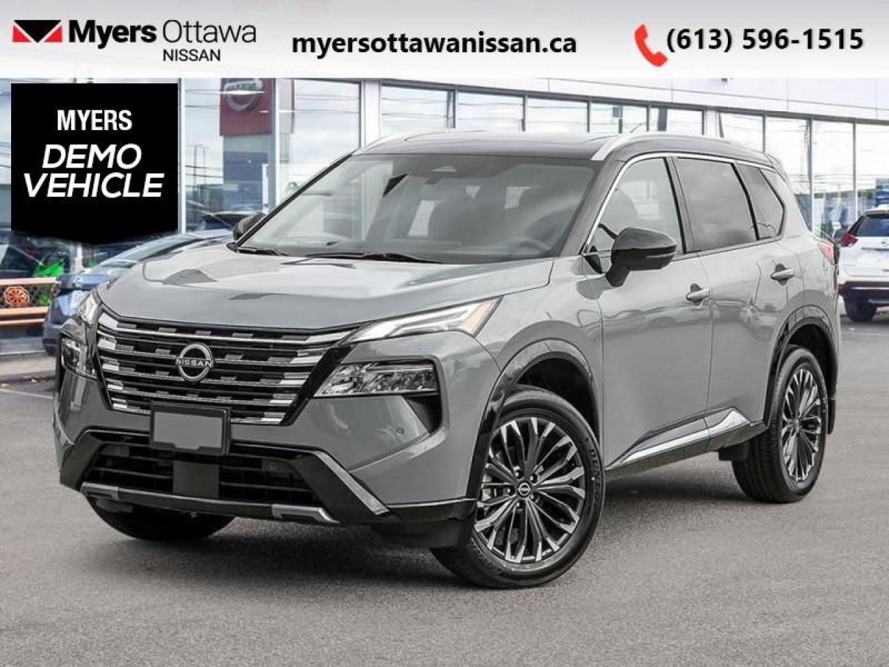 <b>HUD,  Bose Premium Audio,  Leather Seats,  Navigation,  360 Camera!</b><br> <br> <br> <br>  Capable of crossing over into every aspect of your life, this 2025 Rogue lets you stay focused on the adventure. <br> <br>Nissan was out for more than designing a good crossover in this 2025 Rogue. They were designing an experience. Whether your adventure takes you on a winding mountain path or finding the secrets within the city limits, this Rogue is up for it all. Spirited and refined with space for all your cargo and the biggest personalities, this Rogue is an easy choice for your next family vehicle.<br> <br> This 2-tone boulder SUV  has an automatic transmission and is powered by a  201HP 1.5L 3 Cylinder Engine.<br> <br> Our Rogues trim level is Platinum. This range-topping Rogue Platinum features a drivers head up display and Bose premium audio, and rewards you with 19-inch alloy wheels, quilted anmd perforated semi-aniline leather upholstery, heated rear seats, a power moonroof, a power liftgate for rear cargo access, adaptive cruise control and ProPilot Assist. Also standard include heated front heats, a heated leather steering wheel, mobile hotspot internet access, proximity key with remote engine start, dual-zone climate control, and a 12.3-inch infotainment screen with NissanConnect, Apple CarPlay, and Android Auto. Safety features also include HD Enhanced Intelligent Around View Monitoring, lane departure warning, blind spot detection, front and rear collision mitigation, and rear parking sensors. This vehicle has been upgraded with the following features: Hud,  Bose Premium Audio,  Leather Seats,  Navigation,  360 Camera,  Moonroof,  Power Liftgate.  This is a demonstrator vehicle driven by a member of our staff and has just 1300 kms.<br><br> <br>To apply right now for financing use this link : <a href=https://www.myersottawanissan.ca/finance target=_blank>https://www.myersottawanissan.ca/finance</a><br><br> <br/>    5.99% financing for 84 months. <br> Payments from <b>$732.32</b> monthly with $0 down for 84 months @ 5.99% APR O.A.C. ( Plus applicable taxes -  $621 Administration fee included. Licensing not included.    ).  Incentives expire 2025-01-02.  See dealer for details. <br> <br> <br>LEASING:<br><br>Estimated Lease Payment: $680/m <br>Payment based on 5.49% lease financing for 60 months with $0 down payment on approved credit. Total obligation $40,833. Mileage allowance of 20,000 KM/year. Offer expires 2025-01-02.<br><br><br><br> Come by and check out our fleet of 20+ used cars and trucks and 70+ new cars and trucks for sale in Ottawa.  o~o