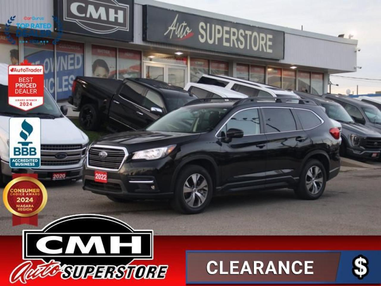 <b>GREAT MILEAGE !! REAR CAMERA, PARKING SENSORS, BLIND SPOT, ADAPTIVE CRUISE CONTROL, APPLE CARPLAY, ANDROID AUTO, POWER SUNROOF, POWER DRIVER SEAT, HEATED SEATS, HEATED STEERING WHEEL, MIDDLE CAPTAIN CHAIRS, 7 PASSENGER, POWER LIFTGATE, 18-IN ALLOYS</b><br>  <br>CMH certifies that all vehicles meet DOUBLE the Ministry standards for Brakes and Tires<br><br> <br>    This  2022 Subaru Ascent is for sale today. <br> <br>The 2022 Subaru Ascent is an exciting mid-size SUV that exhibits the safety, performance, reliability, and unbeatable value that Subaru is renowned for. The exterior styling shares familiar design cues with other vehicles in the Subaru fleet, but makes a bold and rugged statement through its sheer size and muscular stature. The interior treats passengers with a host of desirable features, from the spacious cabin and ergonomically designed seats to the carefully designed storage compartments. Cutting-edge technology is in abundance, with top-tier infotainment and connectivity systems, and a host of safety features for reassurance on the roads at all times. Equipped with Subarus proven symmetrical all-wheel drive system, the 2022 Subaru Ascent is engineered to deliver class-leading agility, strength and security without reproach.This  SUV has 43,692 kms. Its  black in colour  and is major accident free based on the <a href=https://vhr.carfax.ca/?id=g9p0pWfgHmWS6GG99zJwcaoTJhh2aqlE target=_blank>CARFAX Report</a> . It has an automatic transmission and is powered by a  260HP 2.4L 4 Cylinder Engine. <br> <br>To apply right now for financing use this link : <a href=https://www.cmhniagara.com/financing/ target=_blank>https://www.cmhniagara.com/financing/</a><br><br> <br/><br>Trade-ins are welcome! Financing available OAC ! Price INCLUDES a valid safety certificate! Price INCLUDES a 60-day limited warranty on all vehicles except classic or vintage cars. CMH is a Full Disclosure dealer with no hidden fees. We are a family-owned and operated business for over 30 years! o~o