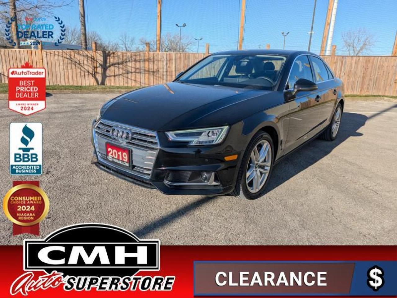 <b>ONLY 60,000 KMS !! QUATTRO !! NAVIGATION, REAR CAMERA, BLIND SPOT, RAIN SENSING WIPERS, BLUETOOTH, SUNROOF, LEATHER, POWER DRIVER SEAT W/ MEMORY, HEATED SEATS, HEATED STEERING WHEEL, DUAL CLIMATE CONTROL, PREMIUM AUDIO, 18-INCH ALLOY WHEELS<br> <br></b><br>  <br>CMH certifies that all vehicles meet DOUBLE the Ministry standards for Brakes and Tires<br><br> <br>    This  2019 Audi A4 is for sale today. <br> <br>This low mileage  sedan has just 59,725 kms. Its  black in colour  and is major accident free based on the <a href=https://vhr.carfax.ca/?id=vYSCFW8nbQlPwsbEEUOupSP4o3Zh3Wlq target=_blank>CARFAX Report</a> . It has an automatic transmission and is powered by a  248HP 2.0L 4 Cylinder Engine. <br> <br> Our A4s trim level is Technik 45 TFSI Quattro. This top of the range Audi A4 Sedan includes a host of premium features and options such as a Bang and Olufsen 19 speaker premium sounds system, SiriusXM satellite radio, an integrated navigation system paired to an 8.3 inch display, Bluetooth and smartphone connectivity, real time traffic display, mobile hotspot internet access, heated power adjustable front bucket seats, a heated leather wrapped multi-functional steering wheel, keyless proximity entry and push button start, remote proximity cargo release, a HomeLink garage door transmitter, aluminum interior panel inserts, leather seat trim, interchangeable digital or analog instrument cluster display, front and rear parking sensors, Audi side assist blind spot sensor, Audi pre-sense rear collision mitigation system, restricted driving mode system, a multiple camera set up for an unobstructed 360 degree view of the vehicle and surroundings, and much more. This vehicle has been upgraded with the following features: Premium Audio,  Navigation,  360 Camera,  Sunroof,  Heated Seats,  Leather Seats,  Apple Carplay. <br> <br>To apply right now for financing use this link : <a href=https://www.cmhniagara.com/financing/ target=_blank>https://www.cmhniagara.com/financing/</a><br><br> <br/><br>Trade-ins are welcome! Financing available OAC ! Price INCLUDES a valid safety certificate! Price INCLUDES a 60-day limited warranty on all vehicles except classic or vintage cars. CMH is a Full Disclosure dealer with no hidden fees. We are a family-owned and operated business for over 30 years! o~o