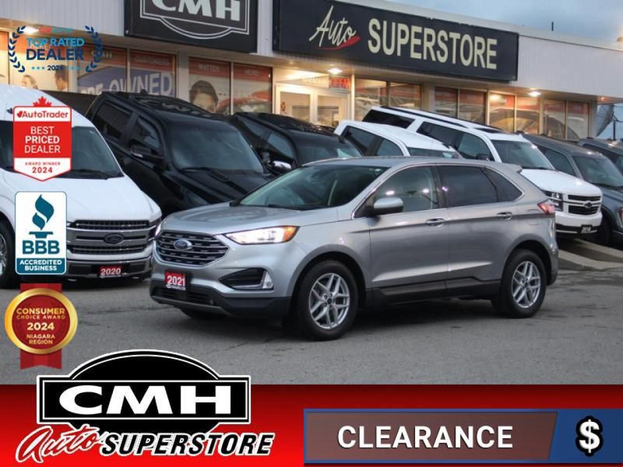 <b>LOW MILEAGE !! AWD !! REAR CAMERA, PARKING SENSORS, ADAPTIVE CRUISE CONTROL, LANE KEEPING, BLIND SPOT, COLLISION SENSORS, APPLE CARPLAY, ANDROID AUTO, WIRELESS PHONE CHARGER, POWER DRIVER SEAT, HEATED SEATS, POWER LIFTGATE, REMOTE START, 18-INCH ALLOYS<br</b><br>  <br>CMH certifies that all vehicles meet DOUBLE the Ministry standards for Brakes and Tires<br><br> <br>    This  2021 Ford Edge is for sale today. <br> <br>With impressive attention to detail, the Ford Edge seamlessly integrates power, performance and handling with awesome technology to help you multitask your way through the challenges that life throws your way. Made for an active lifestyle and spontaneous getaways, the Ford Edge is as rough and tumble as you are. Push the boundaries and stay connected to the road with this sweet ride!This low mileage  SUV has just 45,409 kms. Its  silver in colour  and is major accident free based on the <a href=https://vhr.carfax.ca/?id=+U6DatQcL9ASyKYDC6LpEqV4LK7qxvMW target=_blank>CARFAX Report</a> . It has an automatic transmission and is powered by a  250HP 2.0L 4 Cylinder Engine. <br> <br> Our Edges trim level is SEL. This Edge SEL comes with an impressive list of features including a power rear liftgate, power heated front seats, FordPass Connect with a 4G LTE hotspot, a touchscreen featuring SYNC 4 with enhanced voice recognition, wireless Apple CarPlay and Android Auto, a leather wrapped steering wheel with audio and cruise controls, dual zone automatic climate control and remote keyless entry. For added safety and convenience, you will also get Ford Co-Pilot360 with blind spot assist, lane keep assist, automatic emergency braking, lane departure warning, a proximity key for push button start, rear parking sensors, front fog lights, a remote start and a rear view camera with rear parking sensors. This vehicle has been upgraded with the following features: Heated Seats,  Power Liftgate,  Apple Carplay,  Android Auto,  Remote Start,  Blind Spot Assist,  Lane Keep Assist. <br> To view the original window sticker for this vehicle view this <a href=http://www.windowsticker.forddirect.com/windowsticker.pdf?vin=2FMPK4J96MBA40788 target=_blank>http://www.windowsticker.forddirect.com/windowsticker.pdf?vin=2FMPK4J96MBA40788</a>. <br/><br> <br>To apply right now for financing use this link : <a href=https://www.cmhniagara.com/financing/ target=_blank>https://www.cmhniagara.com/financing/</a><br><br> <br/><br>Trade-ins are welcome! Financing available OAC ! Price INCLUDES a valid safety certificate! Price INCLUDES a 60-day limited warranty on all vehicles except classic or vintage cars. CMH is a Full Disclosure dealer with no hidden fees. We are a family-owned and operated business for over 30 years! o~o