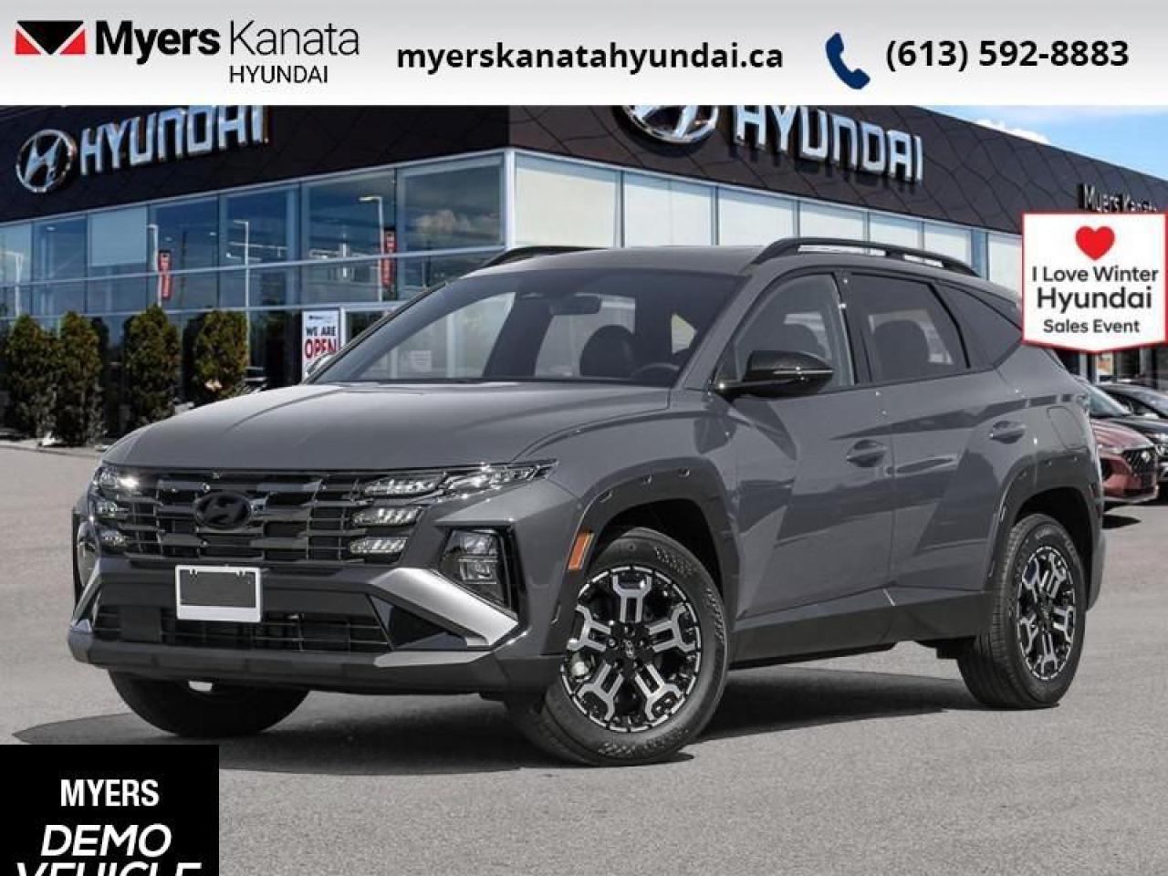 <b>Premium Audio,  Sunroof,  Navigation,  Power Liftgate,  Heated Seats!</b><br> <br> <br> <br>  Highways, byways, urban sprawls, and remote expanses, this 2025 Hyundai Tucson does it all with ease and grace. <br> <br>This 2025 Hyundai Tucson was made with eye for detail. From subtle surprises to bold design features, every part of this 2025 Hyundai Tucson is a treat. Stepping into the interior feels like a step right into the future with breathtaking technology and luxury that will make your smartphone jealous. Add on an intelligently capable chassis and drivetrain and you have the SUV of the future, ready for you today.<br> <br> This ecotronic gry m SUV  has an automatic transmission and is powered by a  187HP 2.5L 4 Cylinder Engine.<br> <br> Our Tucsons trim level is XRT AWD. Standard features include Bose premium audio, leatherette-trimmed heated front seats, an express open/close glass sunroof, a heated leather-wrapped steering wheel, proximity keyless entry with push button start, remote engine start, and a 12.3-inch infotainment screen now with voice-activated navigation, and bundled with Apple CarPlay and Android Auto. Occupant safety is assured, thanks to adaptive cruise control, blind spot detection, lane keep assist with lane departure warning, forward collision avoidance with pedestrian and cyclist detection, and a rear view camera. Additional features include dual-zone climate control, LED headlights with automatic high beams, towing equipment with trailer sway control, and even more. This vehicle has been upgraded with the following features: Premium Audio,  Sunroof,  Navigation,  Power Liftgate,  Heated Seats,  Apple Carplay,  Android Auto.  This is a demonstrator vehicle driven by a member of our staff, so we can offer a great deal on it.<br><br> <br>To apply right now for financing use this link : <a href=https://www.myerskanatahyundai.com/finance/ target=_blank>https://www.myerskanatahyundai.com/finance/</a><br><br> <br/>    This vehicle may qualify for $500 Military Program Bonus. Eligible customers may qualify for the Hyundai 0.50% Loyalty Finance Rate Reduction - certain restrictions may apply. 6.29% financing for 96 months. <br> Buy this vehicle now for the lowest weekly payment of <b>$150.43</b> with $0 down for 96 months @ 6.29% APR O.A.C. ( Plus applicable taxes -  $2596 and licensing fees    ).  Incentives expire 2025-01-31.  See dealer for details. <br> <br>This vehicle is located at Myers Kanata Hyundai 400-2500 Palladium Dr Kanata, Ontario. <br><br> Come by and check out our fleet of 30+ used cars and trucks and 100+ new cars and trucks for sale in Kanata.  o~o