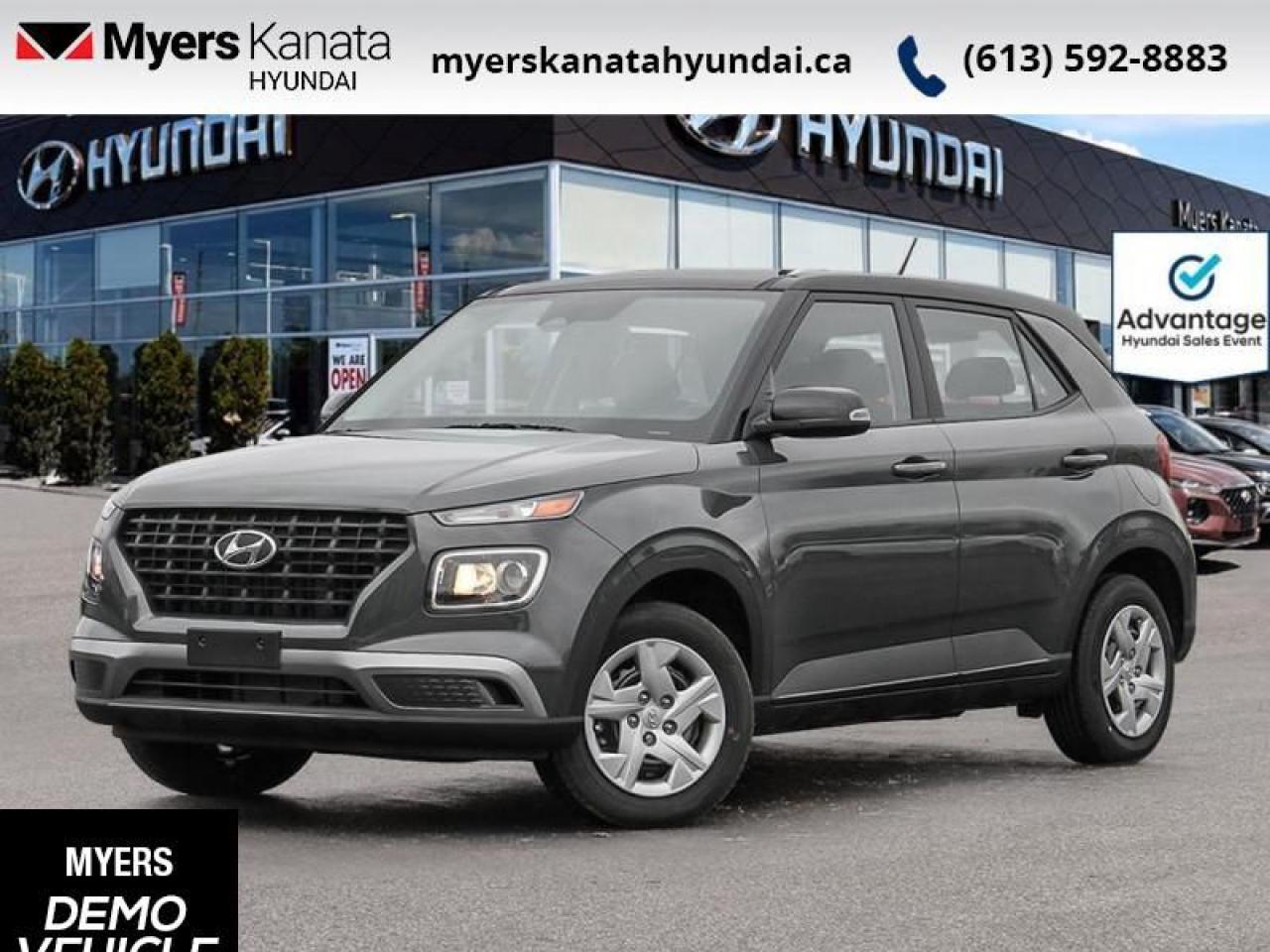 <b>Heated Seats,  Apple CarPlay,  Android Auto,  Lane Keep Assist,  Lane Departure Warning!</b><br> <br> <br> <br>  A forward thinking small SUV for a fast-paced life, this 2025 Venue gets the job done. <br> <br>With an amazing, urban sized footprint, plus a massive amount of cargo space, this 2025 Venue can do it all. Whether you need a grocery getter, kid hauler, or an errand runner, this 2025 Venue is ready to turn everything into an adventure. This modern Venue has a bold yet sophisticated SUV profile that radiates road presence and allows you to express your unique sense of style. <br> <br> This ecotronic gry SUV  has an automatic transmission and is powered by a  121HP 1.6L 4 Cylinder Engine.<br> <br> Our Venues trim level is Essential IVT w/Two-Tone. Packed with incredible standard equipment, this Venue Essential with the two-tone package features heated front seats, 60-40 folding rear seats, remote keyless entry, power heated side mirrors, automatic high beams, front and rear cupholders, and an 8-inch touchscreen with wireless Apple CarPlay and Android Auto. Safety features include lane keeping assist, lane departure warning, forward collision avoidance, driver monitoring alert, and a rear view camera. This vehicle has been upgraded with the following features: Heated Seats,  Apple Carplay,  Android Auto,  Lane Keep Assist,  Lane Departure Warning,  Forward Collision Alert,  Proximity Key.  This is a demonstrator vehicle driven by a member of our staff, so we can offer a great deal on it.<br><br> <br>To apply right now for financing use this link : <a href=https://www.myerskanatahyundai.com/finance/ target=_blank>https://www.myerskanatahyundai.com/finance/</a><br><br> <br/>    This vehicle may qualify for $500 Military Program Bonus. Eligible customers may qualify for the Hyundai 0.50% Loyalty Finance Rate Reduction - certain restrictions may apply. 6.49% financing for 96 months. <br> Buy this vehicle now for the lowest weekly payment of <b>$89.88</b> with $0 down for 96 months @ 6.49% APR O.A.C. ( Plus applicable taxes -  $2596 and licensing fees    ).  Incentives expire 2025-03-31.  See dealer for details. <br> <br>This vehicle is located at Myers Kanata Hyundai 400-2500 Palladium Dr Kanata, Ontario. <br><br> Come by and check out our fleet of 30+ used cars and trucks and 100+ new cars and trucks for sale in Kanata.  o~o