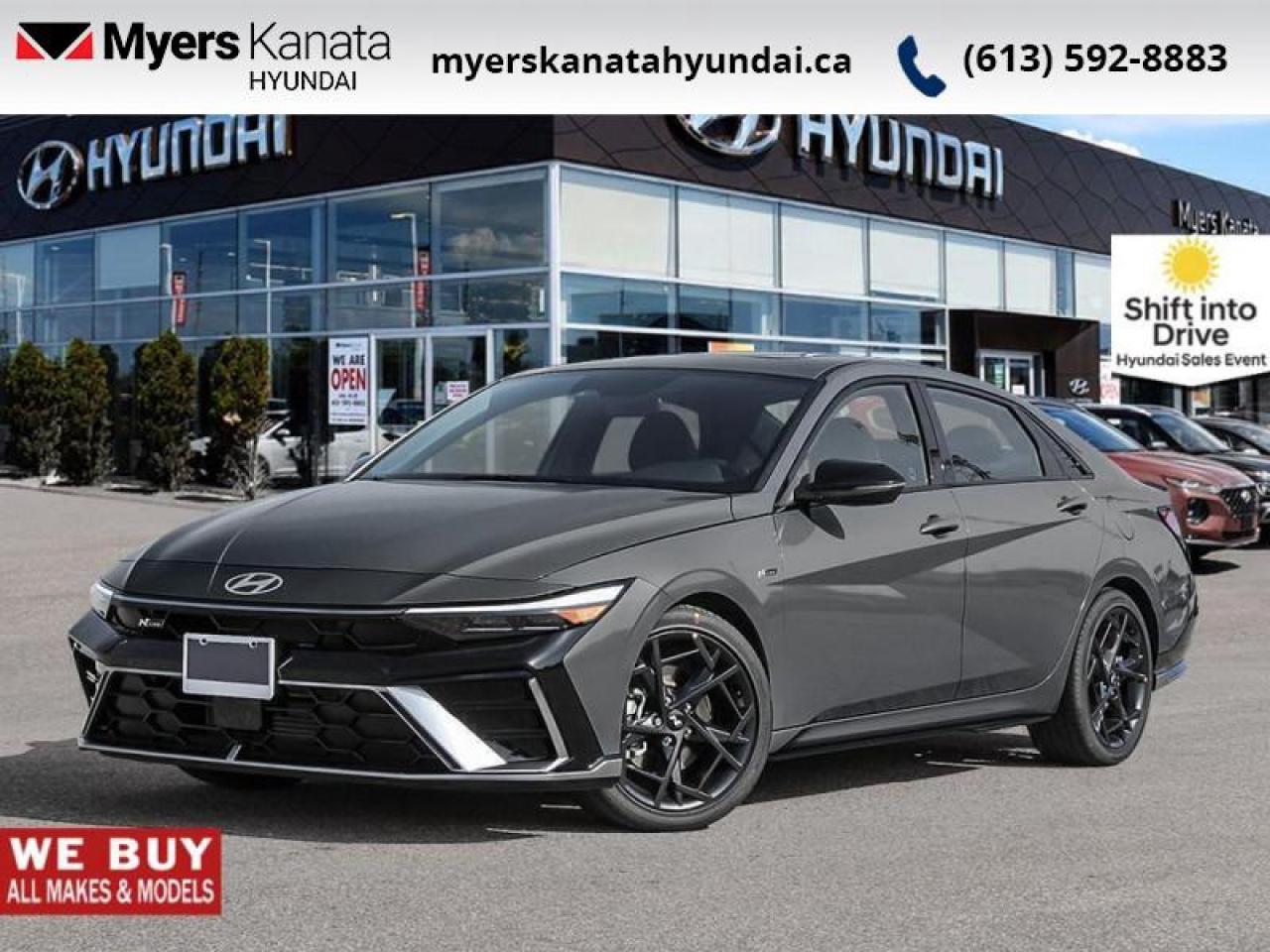 <b>Sport Suspension, Premium Audio, Adaptive Cruise Control, Sunroof, Navigation, Climate Control, Remote Start, Heated Steering Wheel, Blind Spot Detection, Heated Seats, Lane Keep Assist, Collision Mitigation, Apple CarPlay, Android Auto</b><br> <br> <br> <br>  Full of cutting edge technology and brimming with bold style, this 2025 Elantra is more than just an affordable family sedan. <br> <br>This 2025 Elantra was made to be the sharpest compact sedan on the road. With tons of technology packed into the spacious and comfortable interior, along with bold and edgy styling inside and out, this family sedan makes the unexpected your daily driver. <br> <br> This ecotronic grey sedan  has an automatic transmission.<br> <br> Our Elantras trim level is N Line Ultimate DCT. This trim rewards you with sport-tuned suspension, an 8-speaker Bose audio system, sunroof, dual-zone climate control, remote engine start, front heated seats with a heated steering wheel, remote keyless entry, aluminum-alloy wheels, and an upgraded 10.25-inch display with inbuilt navigation, Apple CarPlay and Android Auto. Safety features also include adaptive cruise control, highway driving assist, blind spot detection, lane keeping assist with lane departure warning, front and rear collision mitigation, and forward collision avoidance with pedestrian detection.<br><br> <br>To apply right now for financing use this link : <a href=https://www.myerskanatahyundai.com/finance/ target=_blank>https://www.myerskanatahyundai.com/finance/</a><br><br> <br/> See dealer for details. <br> <br>This vehicle is located at Myers Kanata Hyundai 400-2500 Palladium Dr Kanata, Ontario. <br><br> Come by and check out our fleet of 20+ used cars and trucks and 90+ new cars and trucks for sale in Kanata.  o~o
