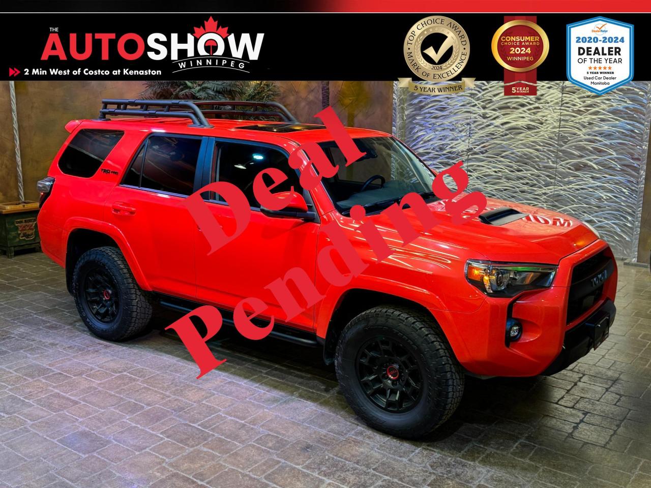 The 2023 Toyota 4Runner TRD Pro is more than just an SUV, its a statement of capability and adventure. With its powerful performance, rugged design, and advanced technology, the 4Runner TRD Pro is ready to take on any challenge, whether its navigating city streets or exploring remote trails. Its combination of off-road prowess and modern amenities makes it an ideal choice for those who refuse to compromise on their journey. The 2023 4Runner TRD Pro stands out as a top-tier off-road vehicle that delivers on all fronts. Its designed for those who seek the thrill of adventure and the reliability of a trusted companion. If youre looking for an SUV that can handle the toughest terrains while keeping you comfortable and connected, the 2023 Toyota 4Runner TRD Pro is the perfect choice.<br /><br /><strong>FEATURES OF THE 2023 TOYOTA 4RUNNER TRD PRO</strong><ul> <li>Sunroof</li> <li>Leather Interior</li></ul><br /><strong>CONVENIENCE</strong><ul> <li>Heated Steering Wheel</li> <li>Heated Seats</li> <li>Dual-Climate Control</li> <li>Adaptive Cruise Control</li> <li>Power Driver & Passenger Seat</li> <li>Power Rear Slide Window</li> <li>Garage Door Transmitter</li></ul><br /><strong>SAFETY FEATURES</strong><ul> <li>Rear View Camera</li> <li>Pedestrian Detection</li> <li>Pre-Collision Warning</li> <li>Lane Departure Alert</li> <li>Hill Start Assist</li> <li>Tire Pressure Monitoring System</li> <li>Traction Control</li> <li>Stability Control</li> <li>Anti-Lock Brake System</li></ul><br /><strong>TECHNOLOGY</strong><ul> <li>8-Inch Touch-Screen</li> <li>Apple CarPlay</li> <li>Android Auto</li> <li>SiriusXM</li> <li>Navigation</li> <li>Wi-Fi Hotspot</li> <li>Bluetooth</li> <li>AM/FM Stereo</li> <li>USB Ports</li> <li>15-Speaker</li></ul><br /><strong>PERFORMANCE</strong><ul> <li>4.0L V6 Engine</li> <li>Automatic Transmission </li></ul><br /><br />Will accept trades. Please call (204)560-6287 or View at 3165 McGillivray Blvd. (Conveniently located two minutes West from Costco at corner of Kenaston and McGillivray Blvd.)<br /><br />In addition to this used 2023 Toyota 4RUNNER please view our complete inventory of used <a href=\https://www.autoshowwinnipeg.com/used-trucks-winnipeg/\>trucks</a>, used <a href=\https://www.autoshowwinnipeg.com/used-cars-winnipeg/\>SUVs</a>, used <a href=\https://www.autoshowwinnipeg.com/used-cars-winnipeg/\>Vans</a>, used <a href=\https://www.autoshowwinnipeg.com/new-used-rvs-winnipeg/\>RVs</a>, and used <a href=\https://www.autoshowwinnipeg.com/used-cars-winnipeg/\>Cars</a> in Winnipeg on our website: <a href=\https://www.autoshowwinnipeg.com/\>WWW.AUTOSHOWWINNIPEG.COM</a><br /><br />Complete comprehensive warranty is available for this vehicle. Please ask for warranty option details. All advertised prices, fees and payments plus taxes (where applicable).<br /><br />Winnipeg, MB - Manitoba Dealer Permit # 5851