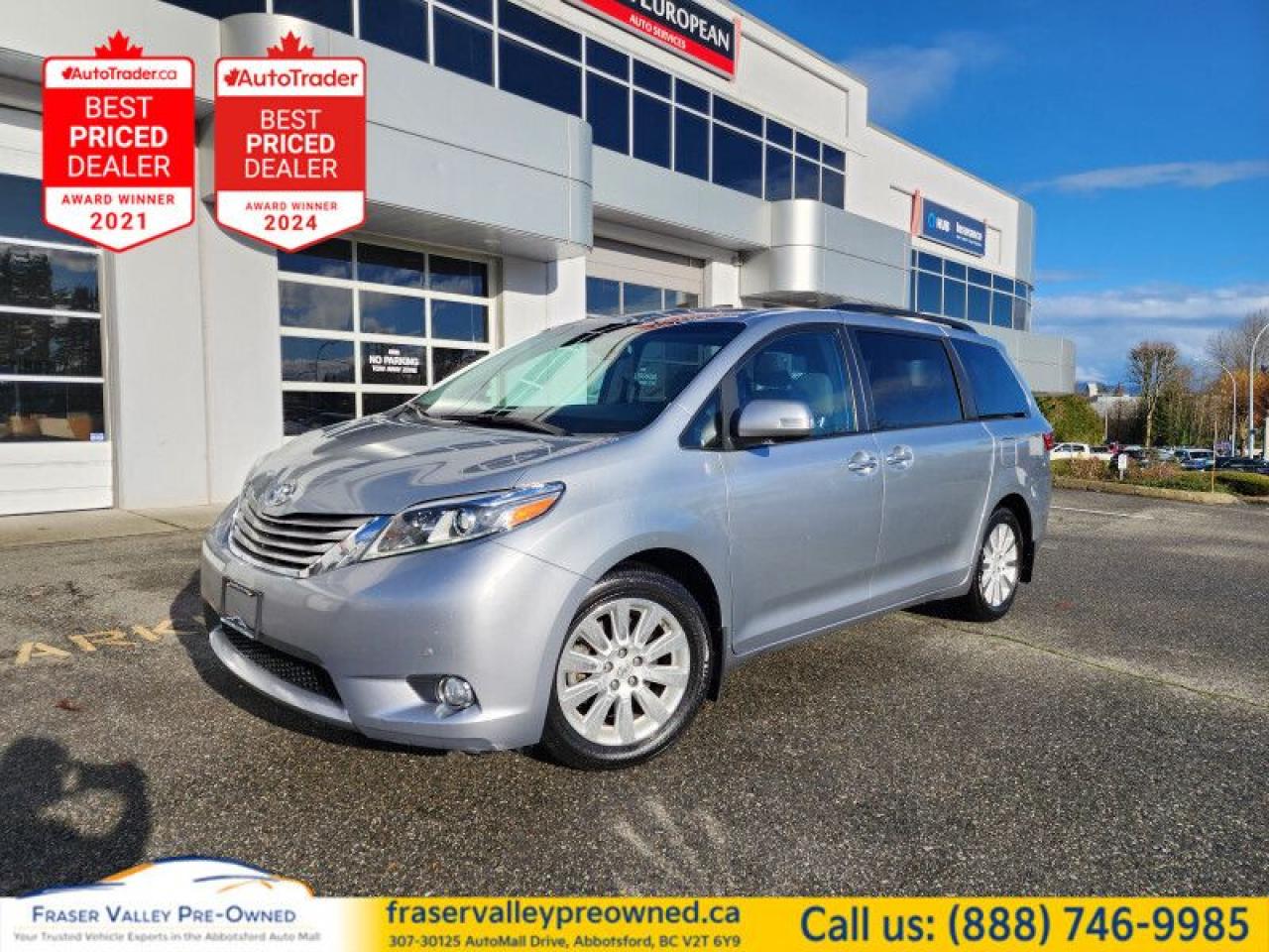 Automatic
AWD
3.5L V6
Sunroof
Leather
Heated Seats
Navigation
DVD
Keyless Entry
Alloy Wheels
TPMS System
+ much, much, more!
 
   With a spacious interior and a comfortable ride, the Toyota Sienna is one of the best family cars on the market. This  2015 Toyota Sienna is fresh on our lot in Abbotsford. 
 
Generously accommodating and delightfully easy to use, the 2015 Toyota Sienna is about as good as they come. The Sienna was updated in 2015 offering better visual styling, functional options, and chassis improvements. Interior upgrades for the 2015 model year give the Sienna a more premium and contemporary feel. A redesigned instrument and dash layout has been reconfigured for a cleaner look and easier operation while cruising down the road.This  van has 109,582 kms. Its  nice in colour  . It has a 6 speed automatic transmission and is powered by a  266HP 3.5L V6 Cylinder Engine.  
 
To apply right now for financing use this link : https://www.fraservalleypreowned.ca/abbotsford-car-loan-application-british-columbia
 
 

| Our Quality Guarantee: We maintain the highest standard of quality that is required for a Pre-Owned Dealership to operate in an Auto Mall. We provide an independent 360-degree inspection report through licensed 3rd Party mechanic shops. Thus, our customers can rest assured each vehicle will be a reliable, and responsible purchase.  |  Purchase Disclaimer: Your selected vehicle may have a differing finance and cash prices. When viewing our vehicles on third party  marketplaces, please click over to our website to verify the correct price for the vehicle. The Sale Price on third party websites will always reflect the Finance Price of our vehicles. If you are making a Cash Purchase, please refer to our website for the Cash Price of the vehicle.  | All prices are subject to and do not include, a $995 Finance Fee, and a $995 Document Fee.   These fees as well as taxes, are included in all listed listed payment quotes. Please speak with Dealer for full details and exact numbers.  o~o