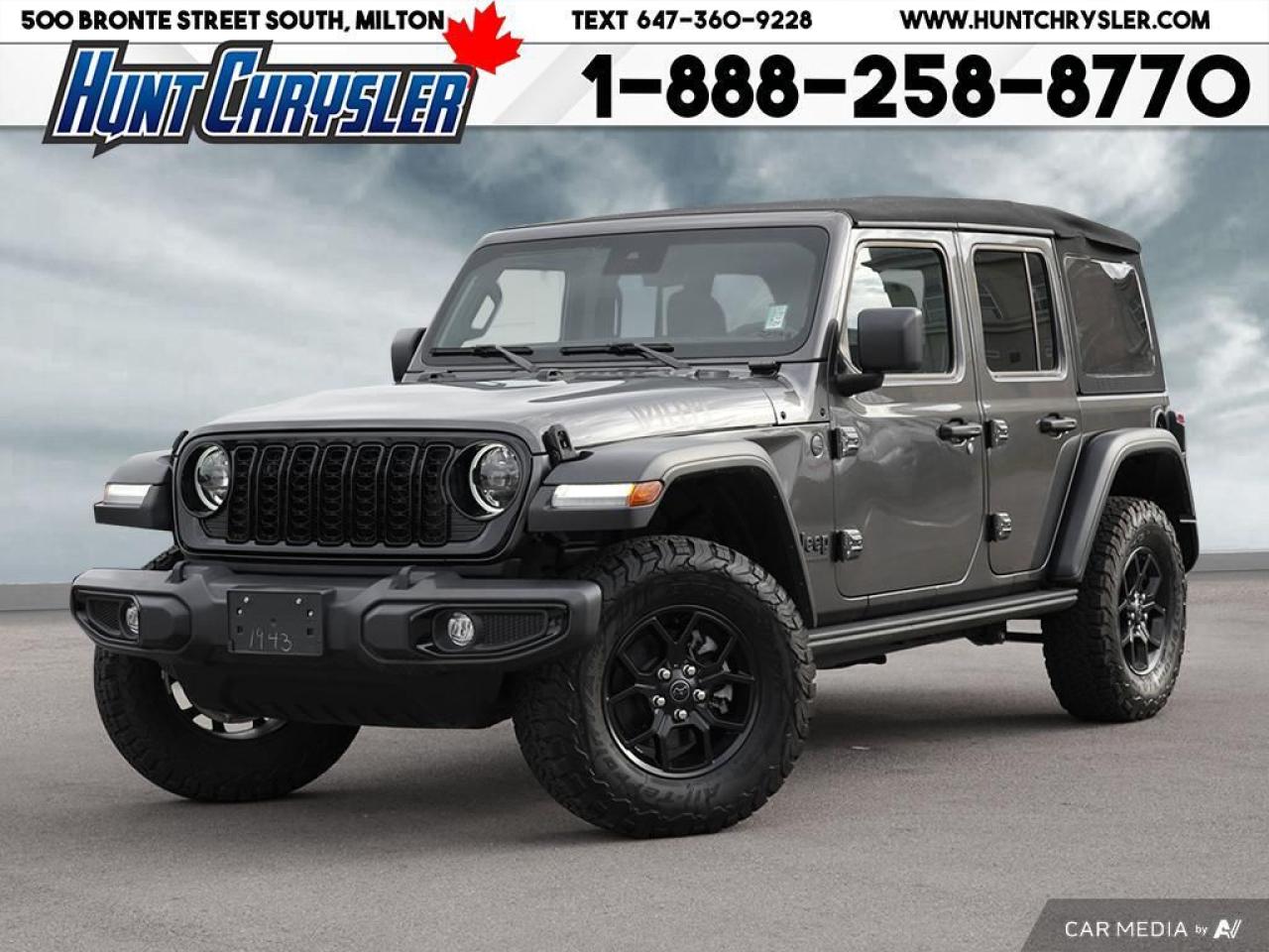 TIRED OF WALKING? UPGRADE YOUR TRANSPORTATION GAME!!! 2024 JEEP WILLYS 4X4!!! This former Executive Rental is equipped with a 2.0 L Turbocharged Engine, 8-Speed Automatic Transmission, Premium Cloth Seating For Five, 17-In Blackout Alloy Wheels, 12-In Touch Screen, Apple CarPlay, Android Auto, Rear Backup Camera, Premium Alpine Sound System, Blind Spot, Forward Collision Warning, Hitch, Proximity Entrance, Heated Seats, Heated Steering Wheel, Remote Start, Dual Climate, Bluetooth, Push Button Start and so much more!! Are you on the Hunt for the perfect car in Ontario? Look no further than our car dealership! Our NON-COMMISSION sales team members are dedicated to providing you with the best service in town. Whether youre looking for a sleek pickup truck or a spacious family vehicle, our team has got you covered. Visit us today and take a test drive - we promise you wont be disappointed! Call 905-876-2580 or Email us at sales@huntchrysler.com