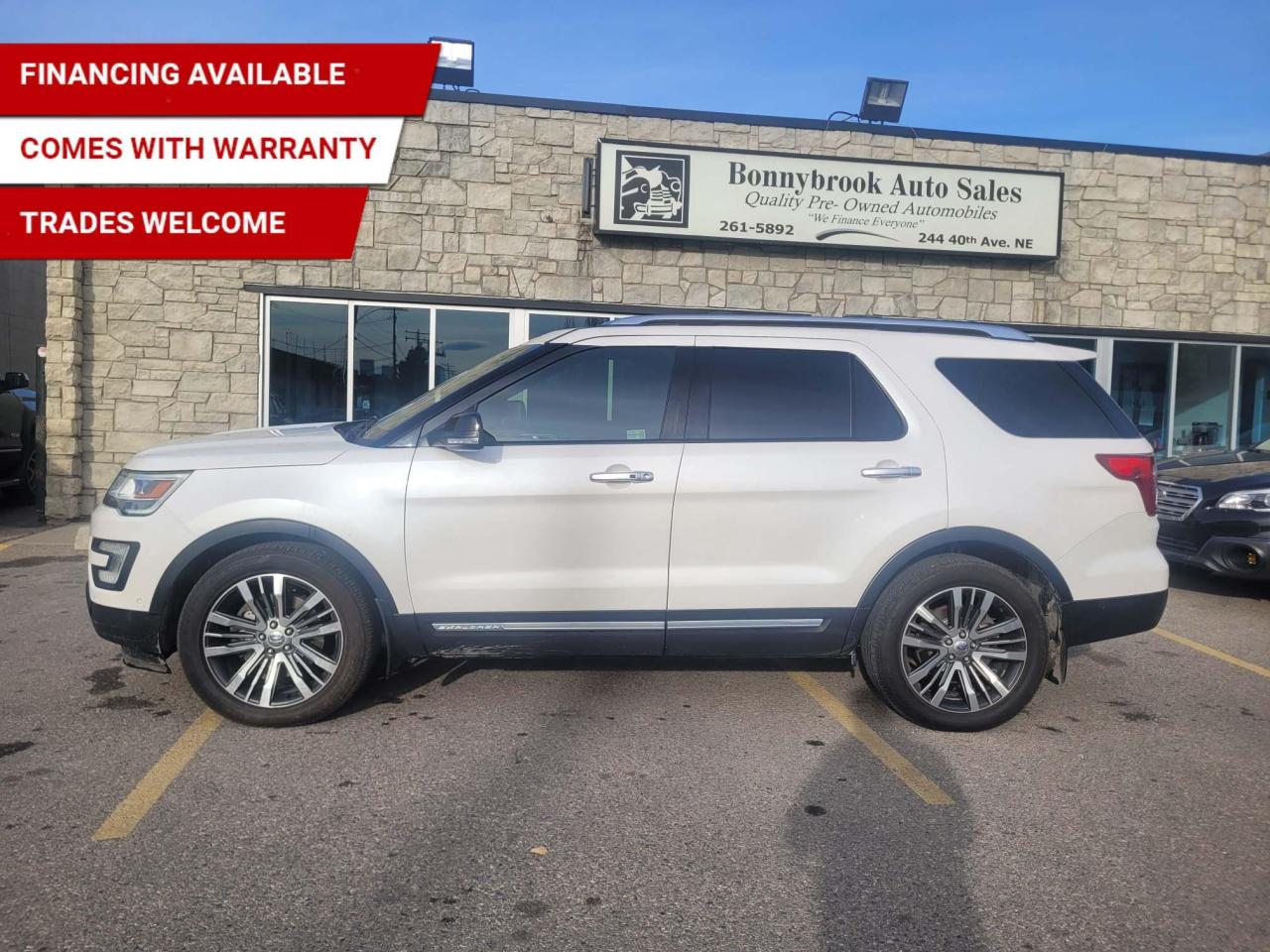 Need a vehicle that has style and class? Look at our Pre-Owned 2017 FORD EXPLORER PLATINUM 6 PASSENGER 4X4  (Pictured in photo) /Filled with top options including:Heated Leather Seats,Panoramic Sunroof, Keyless Entry, Bluetooth, Navigation Power Mirrors, Factory car starter Power Locks, Power Windows. Am/Fm stereo Cd player Dvd player Rearview camera Backup sensors Power Lift Gate/Air /Tilt /Cruise/ comes with 6 month power train warranty with options to extend. Smooth ride at a great price thats ready for your test drive. Fully inspected and given a clean bill of health by our technicians. Fully detailed on the interior and exterior so it feels like new to you. There should never be any surprises when buying a used car, thats why we share our Mechanical Fitness Assessment and Carfax with our customers, so you know what we know. Bonnybrook Auto sales is helping thousands find quality used vehicles at prices they can afford. If you would like to book a test drive, have questions about a vehicle or need information on finance rates, give our friendly staff a call today! Bonnybrook auto sales is proudly one of the few car dealerships that have been serving Calgary for over Twenty years. /TRADE INS WELCOMED/ Amvic Licensed Business.  Due to the recent increase for used vehicles.  Demand and sales combined with  the U.S exchange rate, a lot  vehicles are being exported to the U.S. We are in need of pre-owned vehicles. We give top dollar for your trades.  We also purchase all makes and models of vehicles.