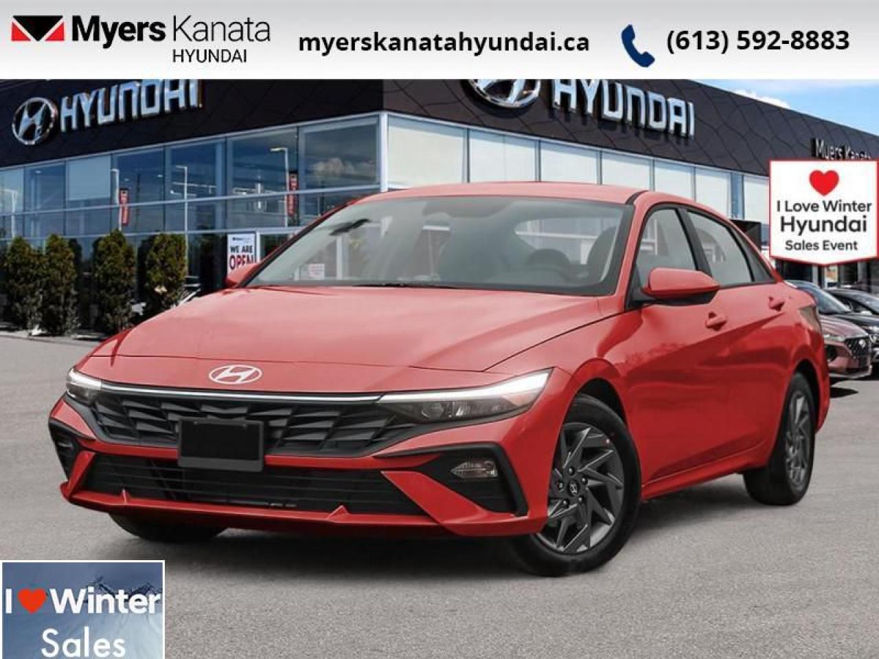 <b>Remote Start,  Heated Steering Wheel,  Blind Spot Detection,  Heated Seats,  Lane Keep Assist!</b><br> <br> <br> <br>  Welcome. <br> <br><br> <br> This ultimate red sedan  has an automatic transmission and is powered by a  147HP 2.0L 4 Cylinder Engine.<br> <br> Our Elantras trim level is Preferred. Standard features include remote engine start, front heated seats with a heated steering wheel, remote keyless entry, aluminum-alloy wheels, and an 8-inch display with Apple CarPlay and Android Auto. Safety features also include blind spot detection, lane keeping assist with lane departure warning, front and rear collision mitigation, and forward collision avoidance with pedestrian detection. This vehicle has been upgraded with the following features: Remote Start,  Heated Steering Wheel,  Blind Spot Detection,  Heated Seats,  Lane Keep Assist,  Collision Mitigation,  Apple Carplay. <br><br> <br>To apply right now for financing use this link : <a href=https://www.myerskanatahyundai.com/finance/ target=_blank>https://www.myerskanatahyundai.com/finance/</a><br><br> <br/>    This vehicle may qualify for $500 Military Program Bonus. Eligible customers may qualify for the Hyundai 0.50% Loyalty Finance Rate Reduction - certain restrictions may apply. 5.99% financing for 96 months. <br> Buy this vehicle now for the lowest weekly payment of <b>$95.73</b> with $0 down for 96 months @ 5.99% APR O.A.C. ( Plus applicable taxes -  $2596 and licensing fees    ).  Incentives expire 2025-01-02.  See dealer for details. <br> <br>This vehicle is located at Myers Kanata Hyundai 400-2500 Palladium Dr Kanata, Ontario. <br><br> Come by and check out our fleet of 20+ used cars and trucks and 90+ new cars and trucks for sale in Kanata.  o~o