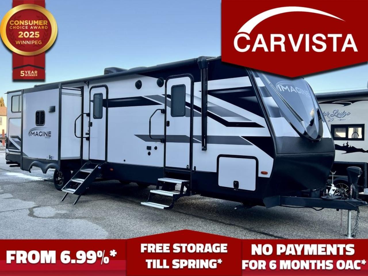 FREE WINTER STORAGE FOR 2024/SPRING 2025 ON UNITS PURCHASED!* See dealer for details. No Payments for up to 6 months. Low interest options available! Come see why Carvista has been the Consumer Choice Award Winner for 5 consecutive years! 2021-2025!

Are you looking for the perfect travel trailer to accommodate your entire family with comfort, style, and practicality? This 2022 Grand Design Imagine 3250BH is the ultimate choice for adventure seekers and family road trips. Packed with premium features and upgraded options, this bunkhouse model has everything you need to make memories that last a lifetime.

Key Features and Specifications
Length: 36’ 11”
Dry Weight: 8,166 lbs
Hitch Weight: 784 lbs
Sleeping Capacity: Up to 10 people
Fresh Water Tank: 52 gallons
Gray Water Tank: 90 gallons
Black Water Tank: 45 gallons
Interior Features
Spacious Living Area:
Theater Recliner Seating with heat, massage, and LED accent lighting.
Entertainment Center featuring a 40” HDTV, Bluetooth-capable sound system, and electric fireplace for added warmth and ambiance.

Modern Kitchen:
Large Center Island with stainless steel farm-style sink and high-rise faucet.
Upgraded Residential Appliances: Includes a 3-burner cooktop, oven, microwave, and an oversized 12V refrigerator/freezer with ample storage.
Solid Surface Countertops and plenty of prep space.
Large Pantry with custom shelving for all your camping essentials.

Private Master Bedroom:
Queen Bed with an upgraded memory foam mattress.
His-and-Hers Wardrobes with additional overhead storage.
Sliding privacy door for undisturbed relaxation.

Bunkhouse Room:
Dedicated rear bunkhouse with double-over-double bunks.
Convertible Sofa Bed for additional sleeping or lounging space.
Wardrobe Storage and built-in shelving for kids gear.

Bathroom:
Spacious 3-piece bathroom with a residential-sized shower and skylight.
Vanity with ample storage and a large medicine cabinet.
Foot-flush porcelain toilet for convenience.

Exterior Features
Durable and Stylish Construction:
Gel-Coat Fiberglass Exterior with custom graphics.
Fully Enclosed and Heated Underbelly for year-round use.
One-Piece Roof Membrane with an industry-leading 18-year warranty.

Outdoor Entertainment & Utility:
Outdoor Kitchen with a 2-burner stove, mini-fridge, and countertop workspace.
Exterior TV Mount with cable hookups for outdoor movie nights.
18’ Power Awning with LED lighting.
Exterior Speakers with Bluetooth connectivity for music by the campfire.

Convenience Features:
50-Amp Service prepped for a second air conditioner.
Power Tongue Jack and Electric Stabilizer Jacks for easy setup.
Pass-Through Storage with oversized access doors and motion-sensor lighting.
All-Terrain Tires with aluminum wheels and upgraded suspension for a smoother ride.

Additional Options & Upgrades:
Solar Prep Package for off-grid adventures.
Backup Camera System prep for easy maneuvering.

Why Choose the Grand Design Imagine 3250BH?
The Grand Design Imagine line is known for its superior build quality, innovative designs, and unmatched attention to detail. The 3250BH model offers the perfect blend of luxury and practicality, making it ideal for families or anyone looking for a comfortable and reliable travel trailer.

Come see why Carvista has been the Consumer Choice Award Winner for 5 consecutive years! 2021, 2022, 2023, 2024 and 2025! Dont play the waiting game, our units are in-stock, no pre-order necessary!! See for yourself why Carvista has won this prestigious award and continues to serve its community. Carvista Approved! Our RVista package includes a complete inspection of your camper that includes general testing of the camper systems! We pride ourselves in providing the highest quality trailers possible, and include a rigorous detail to ensure you get the cleanest trailer around.
Prices and payments exclude GST OR PST 
Carvista Inc. Dealer Permit # 1211
Category: Used Camper
Units may not be exactly as shown, please verify all details with a sales person.