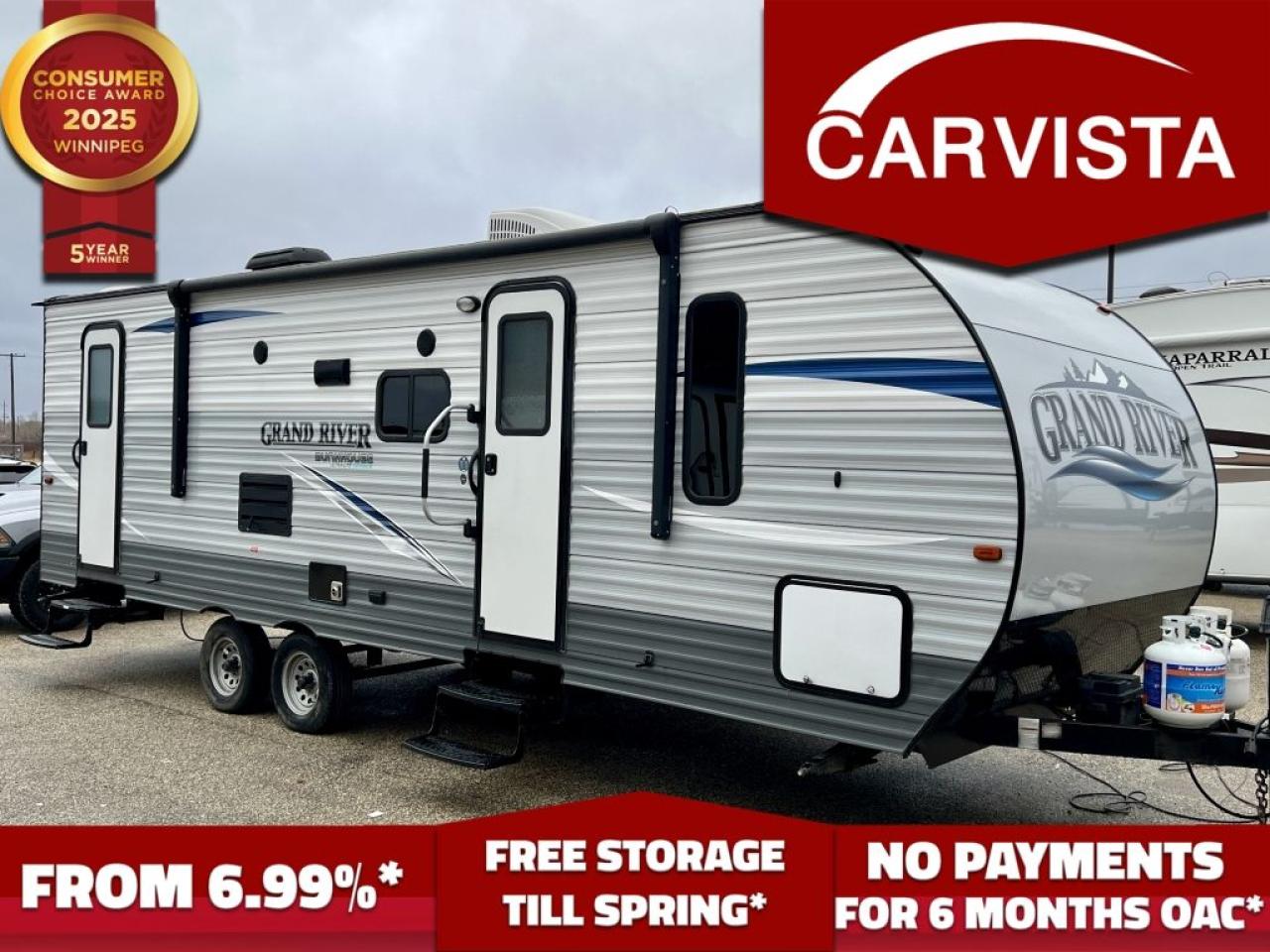 FREE WINTER STORAGE FOR 2024/SPRING 2025 ON UNITS PURCHASED!* See dealer for details. No Payments for up to 6 months. Low interest options available! Come see why Carvista has been the Consumer Choice Award Winner for 5 consecutive years! 2021-2025!

 Experience the joy of camping in comfort and style with this 2019 Grand River 268BH, a family-friendly camper trailer that offers spacious living, thoughtful amenities, and a cozy home away from home. Whether youre heading to the mountains, the beach, or a serene lakeside spot, this trailer has everything you need to make your trips unforgettable.
GVWR: 7680lbs
Dry Weight: 5300lbs
Sleeps: Up to 10

Key Features:
Length: 26.8 feet
Weight: Lightweight and easy to tow
Sleeping Capacity: Sleeps up to 8 people comfortably
Double-over-double bunks – perfect for kids or guests!
Private queen-size master bedroom with storage on both sides.
Convertible dinette and sofa for extra sleeping space.
Interior Highlights:
Spacious Kitchen:

Large sink with a high-arc faucet.
3-burner gas stove with oven.
Microwave and  refrigerator/freezer.
Ample storage for all your cooking essentials.

Entertainment Options:
Built-in Bluetooth stereo system with indoor and outdoor speakers.

Bathroom:
Secondary direct entry door.
Full bathroom with a shower/tub combo, perfect for families.
Skylight for natural light.
Vanity with storage and a large mirror.

Climate Control:
Efficient air conditioning unit to keep you cool in summer.
Furnace heating system for cozy winter trips.
Exterior Highlights:
Power Awning: Create the perfect outdoor living space with integrated LED lights.
Pass-Through Storage: Plenty of space for all your gear and camping essentials.
Easy Setup: Equipped with an electric tongue jack.
Durable Construction: Aluminum siding and a solid roof for reliable protection from the elements.

Come see why Carvista has been the Consumer Choice Award Winner for 5 consecutive years! 2021, 2022, 2023, 2024 and 2025! Dont play the waiting game, our units are in-stock, no pre-order necessary!! See for yourself why Carvista has won this prestigious award and continues to serve its community. Carvista Approved! Our RVista package includes a complete inspection of your camper that includes general testing of the camper systems! We pride ourselves in providing the highest quality trailers possible, and include a rigorous detail to ensure you get the cleanest trailer around.
Prices and payments exclude GST OR PST 
Carvista Inc. Dealer Permit # 1211
Category: Used Camper
Units may not be exactly as shown, please verify all details with a sales person.