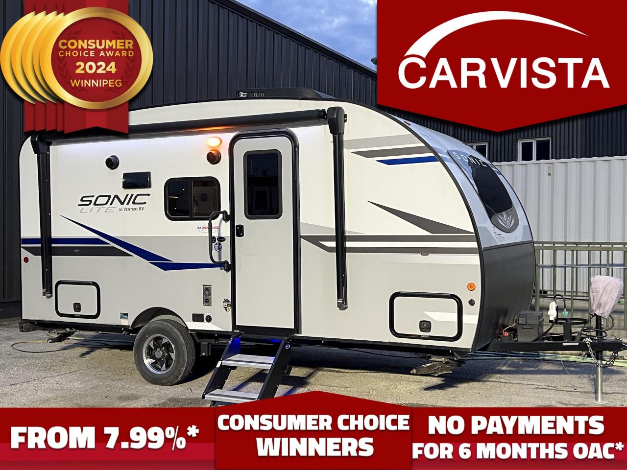 FREE WINTER STORAGE FOR 2024/SPRING 2025 ON UNITS PURCHASED UNTIL DECEMBER 30 2024!* See dealer for details. No Payments for up to 6 months. Low interest options available! Come see why Carvista has been the Consumer Choice Award Winner for 4 consecutive years! 2021-2024! Dont play the waiting game, our units are instock, no pre-order necessary!!                                  Ready to hit the road in style? This 2021 Venture RV Sonic Lite SL150VRB is perfect for solo adventurers, couples, or small families looking for a comfortable and feature-packed travel trailer that’s easy to tow and maintain.

Key Features
Lightweight Design: Weighs approximately 3,000 lbs, making it towable by most SUVs and light trucks.
Compact Yet Spacious Layout: 1911" in total length, offering a perfect balance of mobility and interior comfort.
Sleeping Capacity: Accommodates up to 2-3 people with a Murphy bed and a convertible dinette.
Murphy Bed System: Maximizes living space during the day and offers a comfortable sleeping area at night.
Full Bathroom: Includes a roomy shower, foot-flush toilet, vanity, and ample storage.
Kitchenette: Features a 2-burner cooktop, microwave, single-basin sink, and a 7 cu. ft. refrigerator.
Ample Storage: Overhead cabinets, wardrobe closet, and pass-through exterior storage for all your camping gear.
Entertainment: Built-in entertainment system with TV mount, Bluetooth speakers, and USB charging ports.
Energy-Efficient Features: LED lighting and solar prep make this RV perfect for boondocking adventures.
Additional Highlights
Exterior: Fiberglass body with a sleek, aerodynamic profile for better fuel efficiency.
Power Awning: With LED lighting for shaded outdoor lounging.
Air Conditioning and Heating: Stay comfortable no matter the weather.
Safety Features: Includes electric brakes, backup camera prep.
Condition
This trailer has been meticulously maintained, with minimal use. All systems are fully functional and ready for your next adventure.

Why You’ll Love It
The Sonic Lite SL150VRB combines modern conveniences, thoughtful design, and an easy-to-tow package, perfect for seasoned RVers or those new to the RV lifestyle.