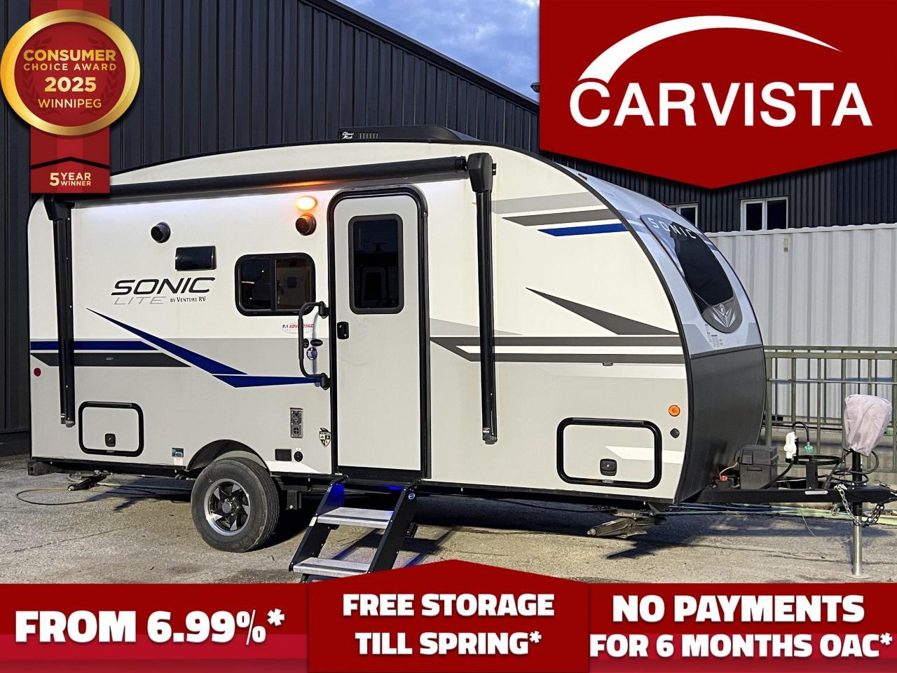 FREE WINTER STORAGE FOR 2024/SPRING 2025 ON UNITS PURCHASED!* See dealer for details. No Payments for up to 6 months. Low interest options available! Come see why Carvista has been the Consumer Choice Award Winner for 5 consecutive years! 2021-2025!

Ready to hit the road in style? This 2021 Venture RV Sonic Lite SL150VRB is perfect for solo adventurers, couples, or small families looking for a comfortable and feature-packed travel trailer that’s easy to tow and maintain.

Key Features
Lightweight Design: Weighs approximately 3,000 lbs, making it towable by most SUVs and light trucks.
Compact Yet Spacious Layout: 1911" in total length, offering a perfect balance of mobility and interior comfort.
Sleeping Capacity: Accommodates up to 2-3 people with a Murphy bed and a convertible dinette.
Murphy Bed System: Maximizes living space during the day and offers a comfortable sleeping area at night.
Full Bathroom: Includes a roomy shower, foot-flush toilet, vanity, and ample storage.
Kitchenette: Features a 2-burner cooktop, microwave, single-basin sink, and a 7 cu. ft. refrigerator.
Ample Storage: Overhead cabinets, wardrobe closet, and pass-through exterior storage for all your camping gear.
Entertainment: Built-in entertainment system with TV mount, Bluetooth speakers, and USB charging ports.
Energy-Efficient Features: LED lighting and solar prep make this RV perfect for boondocking adventures.
Additional Highlights
Exterior: Fiberglass body with a sleek, aerodynamic profile for better fuel efficiency.
Power Awning: With LED lighting for shaded outdoor lounging.
Air Conditioning and Heating: Stay comfortable no matter the weather.
Safety Features: Includes electric brakes, backup camera prep.
Condition
This trailer has been meticulously maintained, with minimal use. All systems are fully functional and ready for your next adventure.

Why You’ll Love It
The Sonic Lite SL150VRB combines modern conveniences, thoughtful design, and an easy-to-tow package, perfect for seasoned RVers or those new to the RV lifestyle.

Come see why Carvista has been the Consumer Choice Award Winner for 5 consecutive years! 2021, 2022, 2023, 2024 and 2025! Dont play the waiting game, our units are in-stock, no pre-order necessary!! See for yourself why Carvista has won this prestigious award and continues to serve its community. Carvista Approved! Our RVista package includes a complete inspection of your camper that includes general testing of the camper systems! We pride ourselves in providing the highest quality trailers possible, and include a rigorous detail to ensure you get the cleanest trailer around.
Prices and payments exclude GST OR PST 
Carvista Inc. Dealer Permit # 1211
Category: Used Camper
Units may not be exactly as shown, please verify all details with a sales person.