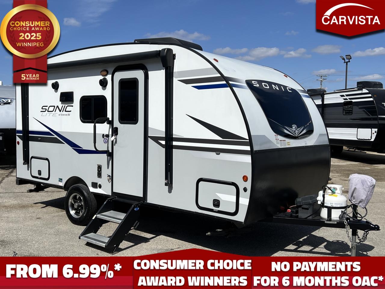 NO TARIFFS ON OUR INVENTORY!  No Payments for up to 6 months. Low interest options available! Come see why Carvista has been the Consumer Choice Award Winner for 5 consecutive years! 2021-2025!

Ready to hit the road in style? This 2021 Venture RV Sonic Lite SL150VRB is perfect for solo adventurers, couples, or small families looking for a comfortable and feature-packed travel trailer that’s easy to tow and maintain.

Key Features
Lightweight Design: Weighs approximately 3,000 lbs, making it towable by most SUVs and light trucks.
Compact Yet Spacious Layout: 1911" in total length, offering a perfect balance of mobility and interior comfort.
Sleeping Capacity: Accommodates up to 2-3 people with a Murphy bed and a convertible dinette.
Murphy Bed System: Maximizes living space during the day and offers a comfortable sleeping area at night.
Full Bathroom: Includes a roomy shower, foot-flush toilet, vanity, and ample storage.
Kitchenette: Features a 2-burner cooktop, microwave, single-basin sink, and a 7 cu. ft. refrigerator.
Ample Storage: Overhead cabinets, wardrobe closet, and pass-through exterior storage for all your camping gear.
Entertainment: Built-in entertainment system with TV mount, Bluetooth speakers, and USB charging ports.
Energy-Efficient Features: LED lighting and solar prep make this RV perfect for boondocking adventures.
Additional Highlights
Exterior: Fiberglass body with a sleek, aerodynamic profile for better fuel efficiency.
Power Awning: With LED lighting for shaded outdoor lounging.
Air Conditioning and Heating: Stay comfortable no matter the weather.
Safety Features: Includes electric brakes, backup camera prep.
Condition
This trailer has been meticulously maintained, with minimal use. All systems are fully functional and ready for your next adventure.

Why You’ll Love It
The Sonic Lite SL150VRB combines modern conveniences, thoughtful design, and an easy-to-tow package, perfect for seasoned RVers or those new to the RV lifestyle.

Come see why Carvista has been the Consumer Choice Award Winner for 5 consecutive years! 2021, 2022, 2023, 2024 and 2025! Dont play the waiting game, our units are in-stock, no pre-order necessary!! See for yourself why Carvista has won this prestigious award and continues to serve its community. Carvista Approved! Our RVista package includes a complete inspection of your camper that includes general testing of the camper systems! We pride ourselves in providing the highest quality trailers possible, and include a rigorous detail to ensure you get the cleanest trailer around.
Prices and payments exclude GST OR PST 
Carvista Inc. Dealer Permit # 1211
Category: Used Camper
Units may not be exactly as shown, please verify all details with a sales person.