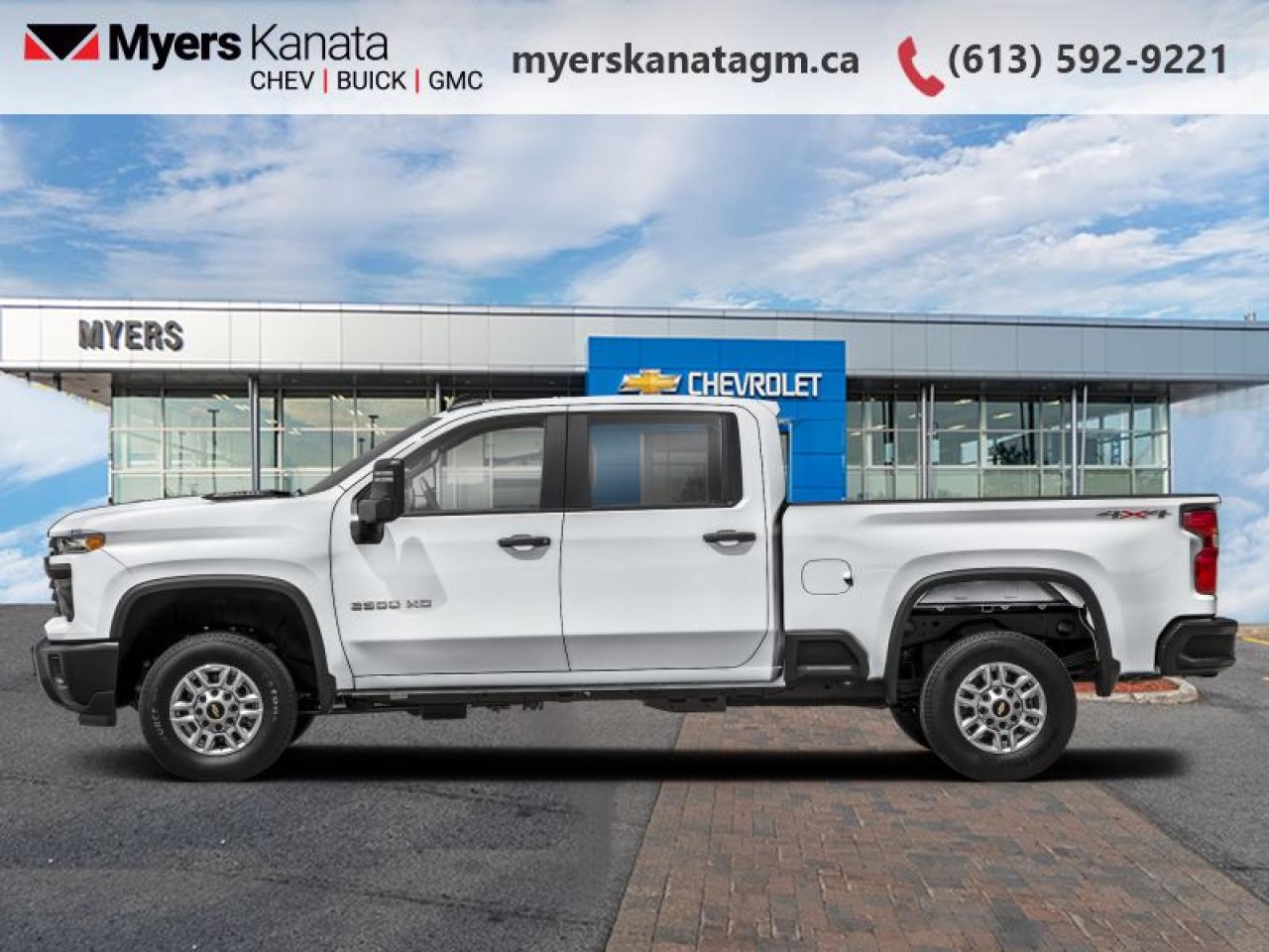 <b>Remote Start Package, Z71 Off-Road and Protection Package, Power Heated Mirrors, Convenience Package!</b><br> <br> <br> <br>At Myers, we believe in giving our customers the power of choice. When you choose to shop with a Myers Auto Group dealership, you dont just have access to one inventory, youve got the purchasing power of an entire auto group behind you!<br> <br>  Bold and burly, this Silverado 2500HD is built for the toughest jobs without breaking a sweat. <br> <br>This 2025 Silverado 2500HD is highly configurable work truck that can haul a colossal amount of weight thanks to its potent drivetrain. This truck also offers amazing interior features that nestle occupants in comfort and luxury, with a great selection of tech features. For heavy-duty activities and even long-haul trips, the Silverado 2500HD is all the truck youll ever need.<br> <br> This summit white sought after diesel Crew Cab 4X4 pickup   has an automatic transmission and is powered by a  470HP 6.6L 8 Cylinder Engine.<br> <br> Our Silverado 2500HDs trim level is LT. This trim rewards you with an upgraded 13.4-inch infotainment screen with navigation capability and a digital drivers display. Also standard include a trailering package with hitch guidance, machined aluminum wheels, SiriusXM satellite radio, heated trailering mirrors, a locking tailgate, Apple CarPlay and Android Auto, and remote keyless entry. Safety features also include automatic emergency braking, front pedestrian braking, lane departure warning, forward collision alert, and following distance indicator. This vehicle has been upgraded with the following features: Remote Start Package, Z71 Off-road And Protection Package, Power Heated Mirrors, Convenience Package. <br><br> <br>To apply right now for financing use this link : <a href=https://www.myerskanatagm.ca/finance/ target=_blank>https://www.myerskanatagm.ca/finance/</a><br><br> <br/> See dealer for details. <br> <br>Myers Kanata Chevrolet Buick GMC Inc is a great place to find quality used cars, trucks and SUVs. We also feature over a selection of over 50 used vehicles along with 30 certified pre-owned vehicles. Our Ottawa Chevrolet, Buick and GMC dealership is confident that youll be able to find your next used vehicle at Myers Kanata Chevrolet Buick GMC Inc. You will always find our inventory updated with the latest models. Our team believes in giving nothing but the best to our customers. Visit our Ottawa GMC, Chevrolet, and Buick dealership and get all the information you need today!<br> Come by and check out our fleet of 30+ used cars and trucks and 170+ new cars and trucks for sale in Kanata.  o~o