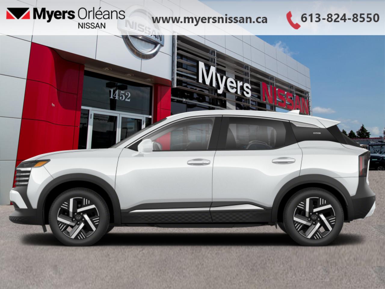 <b>Heated Seats,  Wireless Charging,  Heated Steering Wheel,  Remote Start,  Blind Spot Detection!</b><br> <br> <br> <br>  Style meets tech in this nimble and spirited 2025 Kicks. <br> <br>This Kicks did not take any shortcuts, but it is offering you a shortcut to possibility. Make the most of every day with intelligent features that help you express your personal style and feel your playlist with the incredible infotainment system. It really is time you put you first, and this 2025 Kicks is here for it.<br> <br> This aspen white tricoat SUV  has an automatic transmission and is powered by a  141HP 2.0L 4 Cylinder Engine.<br> <br> Our Kickss trim level is SV. Standard features include a heated steering wheel with heated front seats, wireless charging, remote engine start, blind spot warning, lane departure warning, collision mitigation, and rear parking sensors. Also standard is a 12.3-inch infotainment screen with wireless Apple CarPlay and Android Auto, and SiriusXM satellite radio. This vehicle has been upgraded with the following features: Heated Seats,  Wireless Charging,  Heated Steering Wheel,  Remote Start,  Blind Spot Detection,  Lane Departure Warning,  Apple Carplay. <br><br> <br/>    5.99% financing for 84 months. <br> Payments from <b>$476.56</b> monthly with $0 down for 84 months @ 5.99% APR O.A.C. ( Plus applicable taxes -  $621 Administration fee included. Licensing not included.    ).  Incentives expire 2024-12-02.  See dealer for details. <br> <br> <br>LEASING:<br><br>Estimated Lease Payment: $439/m <br>Payment based on 5.99% lease financing for 39 months with $0 down payment on approved credit. Total obligation $17,144. Mileage allowance of 20,000 KM/year. Offer expires 2024-12-02.<br><br><br>We are proud to regularly serve our clients and ready to help you find the right car that fits your needs, your wants, and your budget.And, of course, were always happy to answer any of your questions.Proudly supporting Ottawa, Orleans, Vanier, Barrhaven, Kanata, Nepean, Stittsville, Carp, Dunrobin, Kemptville, Westboro, Cumberland, Rockland, Embrun , Casselman , Limoges, Crysler and beyond! Call us at (613) 824-8550 or use the Get More Info button for more information. Please see dealer for details. The vehicle may not be exactly as shown. The selling price includes all fees, licensing & taxes are extra. OMVIC licensed.Find out why Myers Orleans Nissan is Ottawas number one rated Nissan dealership for customer satisfaction! We take pride in offering our clients exceptional bilingual customer service throughout our sales, service and parts departments. Located just off highway 174 at the Jean DÀrc exit, in the Orleans Auto Mall, we have a huge selection of New vehicles and our professional team will help you find the Nissan that fits both your lifestyle and budget. And if we dont have it here, we will find it or you! Visit or call us today.<br> Come by and check out our fleet of 20+ used cars and trucks and 110+ new cars and trucks for sale in Orleans.  o~o