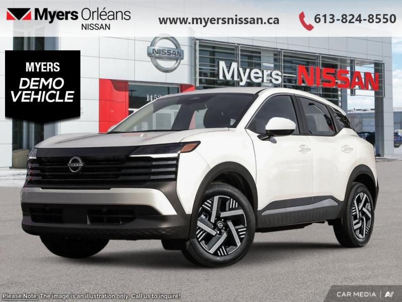 <b>Heated Seats,  Wireless Charging,  Heated Steering Wheel,  Remote Start,  Blind Spot Detection!</b><br> <br> <br> <br>  Style meets tech in this nimble and spirited 2025 Kicks. <br> <br>This Kicks did not take any shortcuts, but it is offering you a shortcut to possibility. Make the most of every day with intelligent features that help you express your personal style and feel your playlist with the incredible infotainment system. It really is time you put you first, and this 2025 Kicks is here for it.<br> <br> This aspen white tricoat SUV  has an automatic transmission and is powered by a  141HP 2.0L 4 Cylinder Engine.<br> <br> Our Kickss trim level is SV. Standard features include a heated steering wheel with heated front seats, wireless charging, remote engine start, blind spot warning, lane departure warning, collision mitigation, and rear parking sensors. Also standard is a 12.3-inch infotainment screen with wireless Apple CarPlay and Android Auto, and SiriusXM satellite radio. This vehicle has been upgraded with the following features: Heated Seats,  Wireless Charging,  Heated Steering Wheel,  Remote Start,  Blind Spot Detection,  Lane Departure Warning,  Apple Carplay.  This is a demonstrator vehicle driven by a member of our staff, so we can offer a great deal on it.<br><br> <br/> Total  rebate of $1200 is reflected in the price.   5.99% financing for 84 months. <br> Payments from <b>$459.04</b> monthly with $0 down for 84 months @ 5.99% APR O.A.C. ( Plus applicable taxes -  $621 Administration fee included. Licensing not included.    ).  Incentives expire 2025-06-02.  See dealer for details. <br> <br> <br>LEASING:<br><br>Estimated Lease Payment: $418/m <br>Payment based on 4.99% lease financing for 60 months with $0 down payment on approved credit. Total obligation $25,107. Mileage allowance of 16,000 KM/year. Offer expires 2025-06-02.<br><br><br>We are proud to regularly serve our clients and ready to help you find the right car that fits your needs, your wants, and your budget.And, of course, were always happy to answer any of your questions.Proudly supporting Ottawa, Orleans, Vanier, Barrhaven, Kanata, Nepean, Stittsville, Carp, Dunrobin, Kemptville, Westboro, Cumberland, Rockland, Embrun , Casselman , Limoges, Crysler and beyond! Call us at (613) 824-8550 or use the Get More Info button for more information. Please see dealer for details. The vehicle may not be exactly as shown. The selling price includes all fees, licensing & taxes are extra. OMVIC licensed.Find out why Myers Orleans Nissan is Ottawas number one rated Nissan dealership for customer satisfaction! We take pride in offering our clients exceptional bilingual customer service throughout our sales, service and parts departments. Located just off highway 174 at the Jean DÀrc exit, in the Orleans Auto Mall, we have a huge selection of New vehicles and our professional team will help you find the Nissan that fits both your lifestyle and budget. And if we dont have it here, we will find it or you! Visit or call us today.<br> Come by and check out our fleet of 30+ used cars and trucks and 90+ new cars and trucks for sale in Orleans.  o~o