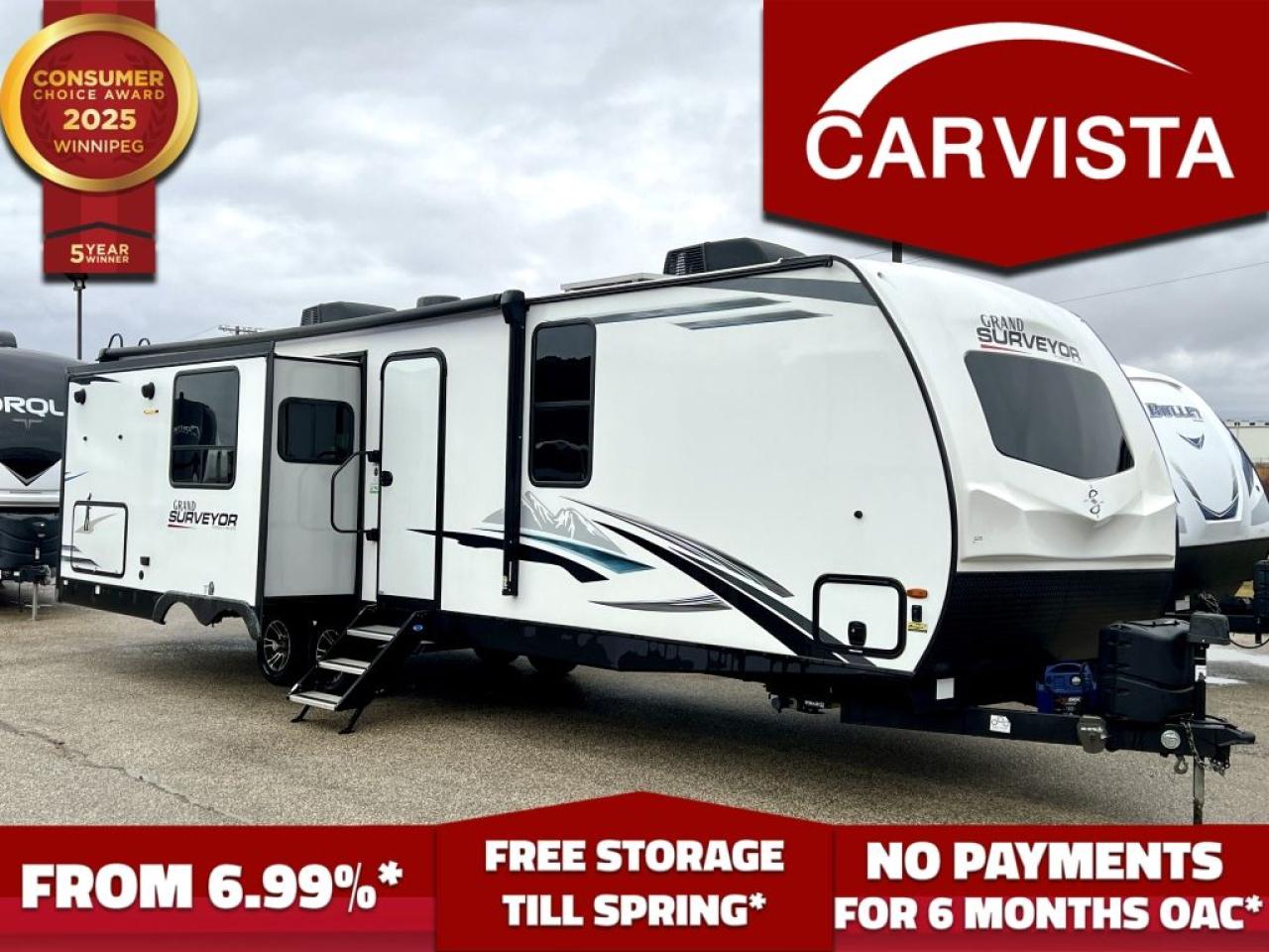 FREE WINTER STORAGE FOR 2024/SPRING 2025 ON UNITS PURCHASED!* See dealer for details. No Payments for up to 6 months. Low interest options available! Come see why Carvista has been the Consumer Choice Award Winner for 5 consecutive years! 2021-2025!

Looking for the perfect travel trailer for your next adventure? This 2021 Forest River Surveyor Grand 302RLOK is loaded with high-end features, offering luxury, comfort, and convenience in every detail. Well-maintained and lightly used, this unit is ready to hit the road and provide unforgettable experiences.

Key Specifications

Length: 36 11"
Width: 8 (96")
Height: 11 2"
Dry Weight: 8,184 lbs
Payload Capacity: 1,453lbs
GVWR: 9,675 lbs
Hitch Weight: 875 lbs
Sleeping Capacity: Up to 4 people

Interior Features

Spacious Living Area: Dual opposing slides in the rear create an open floor plan with plenty of room to relax.
Entertainment Center: Includes a 40” LED TV, soundbar, and an electric fireplace for cozy evenings.
Tri-Fold Sofa: Converts to a comfortable bed, perfect for accommodating guests.
Kitchen:

Island Counter with solid-surface countertops and a large single-basin sink.
Appliances: Stainless steel refrigerator (12V), three-burner stove with oven, and microwave.
Ample storage in cabinets and a pantry.
Bathroom:

Spacious with a walk-in shower (glass doors), skylight, vanity, and medicine cabinet.
Master Bedroom:

RV King sized bed with under-bed storage.
Dual wardrobes and overhead cabinets for extra storage.
Private entry door for easy access.

Exterior Features

Outdoor Kitchen: Features a mini fridge, pull-out griddle, and sink, perfect for al fresco dining.
Large 21 Electric Awning: Provides ample shade and features integrated LED lighting.
Storage: Pass-through storage compartment for all your camping gear.
Power Stabilizer Jacks and a Power Tongue Jack for easy setup.
Construction:

Laminated sidewalls with Asdel Composite Panels for durability and weight savings.
Aluminum-framed construction with a fully enclosed underbelly for all-season camping.
Roof: One-piece seamless PVC roof with a 15-year warranty.
Pre-Wired for Solar and backup camera.

Utilities and Systems

Climate Control:

15,000 BTU Air Conditioner.
30,000 BTU Furnace with ducted heating.
Water System:

40-gallon freshwater tank.
30-gallon gray water tank.
30-gallon black water tank.
Water heater with both gas and electric modes.
Power:

50-amp service.
Dual battery hookup ready.

Additional Highlights

Stylish modern interior with Farmhouse Décor Package.
LED lighting throughout for efficiency and ambiance.
Convenient solid-step entry steps with a large grab handle for added safety.

This Surveyor Grand 302RLOK combines luxury and practicality, making it the perfect choice for couples or families looking for a high-quality travel trailer. Whether you’re exploring national parks, enjoying weekend getaways, or planning extended road trips, this trailer is ready for any adventure.

Come see why Carvista has been the Consumer Choice Award Winner for 5 consecutive years! 2021, 2022, 2023, 2024 and 2025! Dont play the waiting game, our units are in-stock, no pre-order necessary!! See for yourself why Carvista has won this prestigious award and continues to serve its community. Carvista Approved! Our RVista package includes a complete inspection of your camper that includes general testing of the camper systems! We pride ourselves in providing the highest quality trailers possible, and include a rigorous detail to ensure you get the cleanest trailer around.
Prices and payments exclude GST OR PST 
Carvista Inc. Dealer Permit # 1211
Category: Used Camper
Units may not be exactly as shown, please verify all details with a sales person.