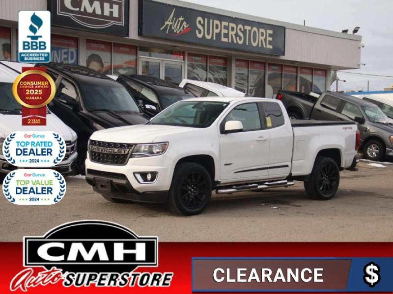 <b>V6 4X4 !! RST PACKAGE !! REAR CAMERA, APPLE CARPLAY, ANDROID AUTO, TOUCH DISPLAY SCREEN, STEERING WHEEL CONTROLS, CRUISE CONTROL, HEATED SEATS, HEATED STEERING WHEEL, TOWING CONTROLLER, SOFT TONNEAU COVER, BED LINER, PAINTED BUMPERS, 20-INCH BLACK ALLOYS</b><br>  <br>CMH certifies that all vehicles meet DOUBLE the Ministry standards for Brakes and Tires<br><br> <br>    This  2020 Chevrolet Colorado is for sale today. <br> <br>This Chevrolet Colorado offers a new take on the midsize pickup truck. With its combination of rugged good looks, advanced technology, capable towing ability and fuel efficient engine, the Colorado is the truck that helps you push every boundary and accept any challenges. From tackling urban streets to driving off the beaten path, this pickup is definitely worth a first, second and third look. This  Extended Cab 4X4 pickup  has 163,286 kms. Its  white in colour  . It has an automatic transmission and is powered by a  308HP 3.6L V6 Cylinder Engine. <br> <br> Our Colorados trim level is LT. Upgrading to this LT trim is a great choice as it comes with a larger 8 inch color touchscreen display - featuring Android Auto and Apple CarPlay, a 6 speaker audio system and wireless streaming audio. It also includes aluminum wheels, exterior trim accents, a rear vision camera, leather wrapped steering wheel, a USB port for plugging in your electronic devices, 4G LTE and available built-in Wi-Fi, 4-way power driver seat, cruise control, remote keyless entry, teen driver technology and much more. This vehicle has been upgraded with the following features: Aluminum Wheels,  Apple Carplay,  Android Auto,  Power Seat,  Rear View Camera,  Touch Screen,  Teen Driver Technology. <br> <br>To apply right now for financing use this link : <a href=https://www.cmhniagara.com/financing/ target=_blank>https://www.cmhniagara.com/financing/</a><br><br> <br/><br>Trade-ins are welcome! Financing available OAC ! Price INCLUDES a valid safety certificate! Price INCLUDES a 60-day limited warranty on all vehicles except classic or vintage cars. CMH is a Full Disclosure dealer with no hidden fees. We are a family-owned and operated business for over 30 years! o~o