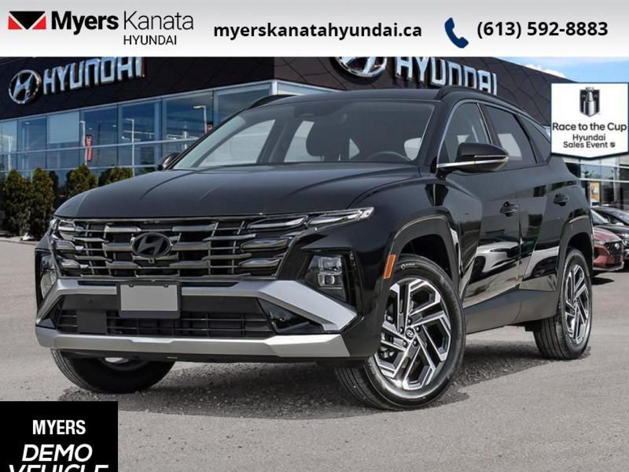 <b>Sunroof,  Cooled Seats,  Leather Seats,  Apple CarPlay,  Android Auto!</b><br> <br> <br> <br>  Highways, byways, urban sprawls, and remote expanses, this 2025 Hyundai Tucson does it all with ease and grace. <br> <br>This 2025 Hyundai Tucson was made with eye for detail. From subtle surprises to bold design features, every part of this 2025 Hyundai Tucson is a treat. Stepping into the interior feels like a step right into the future with breathtaking technology and luxury that will make your smartphone jealous. Add on an intelligently capable chassis and drivetrain and you have the SUV of the future, ready for you today.<br> <br> This ash blk SUV  has an automatic transmission and is powered by a  231HP 1.6L 4 Cylinder Engine.<br> <br> Our Tucson Hybrids trim level is Ultimate AWD. Taking things a step further, this Tucson Hybrid with the Ultimate trim adds memory settings for front seat positions, voice-activated dual-zone climate control and an aerial view camera system, and also includes an automatic full-time all-wheel drive system, an express open/close glass sunroof with a power sunshade, heated and ventilated leather seats with 8-way power adjustment and 2-way lumbar support, a heated leather-wrapped steering wheel, proximity keyless entry with remote start, a power-operated smart rear liftgate with proximity cargo access, and a 12.3-inch infotainment screen bundled with Apple CarPlay and Android Auto, onboard navigation with voice-activation, and a premium 8-speaker Bose audio system. Road safety is taken care of, thanks to adaptive cruise control, blind spot detection, lane keeping assist, lane departure warning, forward collision avoidance with pedestrian & cyclist detection, rear collision mitigation, driver monitoring alert, rear parking sensors, LED headlights with automatic high beams, and a rear view camera system. This vehicle has been upgraded with the following features: Sunroof,  Cooled Seats,  Leather Seats,  Apple Carplay,  Android Auto,  Premium Audio,  Navigation.  This is a demonstrator vehicle driven by a member of our staff and has just 7868 kms.<br><br> <br>To apply right now for financing use this link : <a href=https://www.myerskanatahyundai.com/finance/ target=_blank>https://www.myerskanatahyundai.com/finance/</a><br><br> <br/>    This vehicle may qualify for $500 Military Program Bonus. Eligible customers may qualify for the Hyundai 0.50% Loyalty Finance Rate Reduction - certain restrictions may apply. 6.29% financing for 96 months. <br> Buy this vehicle now for the lowest weekly payment of <b>$168.80</b> with $0 down for 96 months @ 6.29% APR O.A.C. ( Plus applicable taxes -  $2596 and licensing fees    ).  Incentives expire 2025-06-02.  See dealer for details. <br> <br>This vehicle is located at Myers Kanata Hyundai 400-2500 Palladium Dr Kanata, Ontario. <br><br> Come by and check out our fleet of 20+ used cars and trucks and 90+ new cars and trucks for sale in Kanata.  o~o