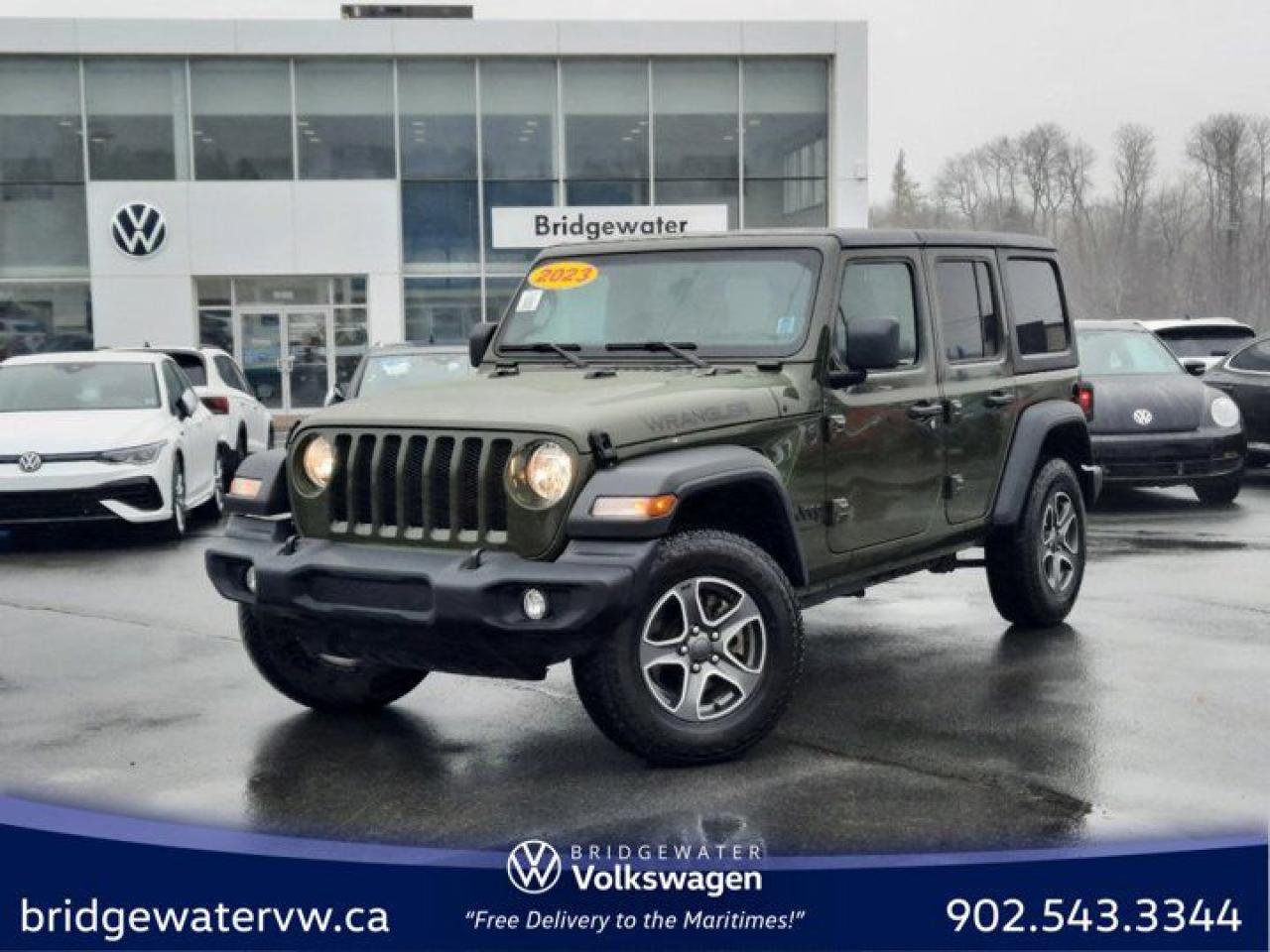 New Price! Sarge Green Clearcoat 2023 Jeep Wrangler Sport Sirus XM | Apple CarPlay | Android Auto 4WD 8-Speed Automatic Pentastar 3.6L V6 VVT Bridgewater Volkswagen, Located in Bridgewater Nova Scotia.1-Year SiriusXM Guardian Subscription, 220 Amp Alternator, 240 Amp Alternator, 3.45 Rear Axle Ratio, 4- and 7-Pin Wiring Harness, 4 Auxiliary Switches, 4G LTE Wi-Fi Hot Spot, 4-Wheel Disc Brakes, 5-Year SiriusXM Travel Link Subscription, 5-Yr SiriusXM Traffic Subscription, 7 Full-Colour Driver Info Display, 700 Amp Maintenance Free Battery, 8 Speakers, 8.4 Touchscreen, ABS brakes, Air Conditioning, Air Filtering, Alpine Premium Audio System, AM/FM radio, Apple CarPlay/Android Auto, Auto-Dimming Rear-View Mirror, Auxiliary Battery, Black Freedom Top 3-Piece Hardtop, Brake assist, Class II Hitch Receiver, Cloth Bucket Seats, Cold Weather Group, Compass, Convenience Group, Deep Tint Sunscreen Windows, Delay-off headlights, Driver door bin, Driver vanity mirror, Dual front impact airbags, Dual front side impact airbags, Dual-Zone A/C w/Automatic Temperature Control, Electronic Stability Control, Emergency communication system: SiriusXM Guardian, Engine Oil Cooler, Freedom Panel Storage Bag, Front anti-roll bar, Front Bucket Seats, Front fog lights, Front Heated Seats, Front reading lights, Fully automatic headlights, GPS Navigation, HD Radio, Heated Steering Wheel, Integrated roll-over protection, Low tire pressure warning, Non-Locking Fuel-Filler Cap, Occupant sensing airbag, Off-Road Information Pages, Outside temperature display, ParkView Rear Back-Up Camera, Passenger door bin, Passenger vanity mirror, Power Heated Exterior Mirrors, Power steering, Power Windows w/Front 1-Touch Down, Premium-Wrapped Steering Wheel, Quick Order Package 24S Sport S, Radio data system, Radio: Uconnect 4 w/7 Display, Radio: Uconnect 4C Nav w/8.4 Display, Rear anti-roll bar, Rear reading lights, Rear Window Defroster, Rear Window Wiper w/Washer, Remote Keyless Entry, Remote Proximity Keyless Entry, Security Alarm, SiriusXM Satellite Radio, SiriusXM Traffic, SiriusXM Travel Link, SOS Call & Roadside Assistance Call, Speed control, Speed-Sensitive Power Locks, Split folding rear seat, Sport S, Steering wheel mounted audio controls, Stop/Start Dual Battery System, Sun Visors w/Illuminated Vanity Mirrors, Tachometer, Technology Group, Telescoping steering wheel, Tilt steering wheel, Traction control, Trailer Tow & HD Electrical Group, Trip computer, Uconnect 4C Nav & Sound Group, Universal Garage Door Opener, Variably intermittent wipers, Wheels: 17 x 7.5 Granite Crystal Machined Alum, Wheels: 17 x 7.5 Tech Silver Aluminum.Certification Program Details: 150 Points Inspection Fresh Oil Change Free Carfax Full Detail 2 years MVI Full Tank of Gas The 150+ point inspection includes: Engine Instrumentation Interior components Pre-test drive inspections The test drive Service bay inspection Appearance Final inspection