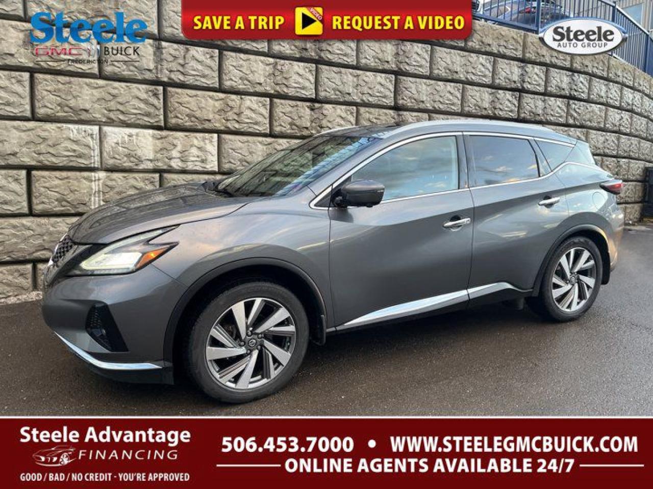 New Price!Gray 2020 Nissan Murano SL AWD CVT with Xtronic 3.5L 6-Cylinder DOHC 24VCVT with Xtronic, AWD, 11 Speakers, 4-Wheel Disc Brakes, ABS brakes, Air Conditioning, Alloy wheels, AM/FM radio: SiriusXM, Auto High-beam Headlights, Auto-dimming Rear-View mirror, Automatic temperature control, Blind Spot Warning, Brake assist, Bumpers: body-colour, CD player, Child-Seat-Sensing Airbag, Compass, Delay-off headlights, Driver door bin, Driver vanity mirror, Dual front impact airbags, Dual front side impact airbags, Electronic Stability Control, Four wheel independent suspension, Front anti-roll bar, Front Bucket Seats, Front dual zone A/C, Front fog lights, Front reading lights, Full Tank of Fuel & Floor Mats, Fully automatic headlights, Garage door transmitter: HomeLink, Heated door mirrors, Heated Front Bucket Seats, Heated front seats, Heated rear seats, Heated steering wheel, Illuminated entry, Knee airbag, Leather Appointed Seat Trim, Leather Shift Knob, Low tire pressure warning, Memory seat, Navigation system: NissanConnect Navigation, NissanConnect featuring Apple CarPlay and Android Auto, Occupant sensing airbag, Outside temperature display, Overhead airbag, Overhead console, Passenger vanity mirror, Power door mirrors, Power driver seat, Power Liftgate, Power moonroof, Power passenger seat, Power steering, Power windows, Radio data system, Radio: AM/FM/CD/MP3/WMA NissanConnect w/Navigation, Rear anti-roll bar, Rear reading lights, Rear side impact airbag, Rear window defroster, Remote keyless entry, Roof rack: rails only, Speed control, Speed-sensing steering, Split folding rear seat, Spoiler, Steering wheel mounted audio controls, Tachometer, Telescoping steering wheel, Tilt steering wheel, Traction control, Trip computer, Turn signal indicator mirrors.Certification Program Details: 80 Point Inspection Fresh Oil Change Full Vehicle Detail Full tank of Gas 2 Years Fresh MVI Brake through InspectionSteele GMC Buick Fredericton offers the full selection of GMC Trucks including the Canyon, Sierra 1500, Sierra 2500HD & Sierra 3500HD in addition to our other new GMC and new Buick sedans and SUVs. Our Finance Department at Steele GMC Buick are well-versed in dealing with every type of credit situation, including past bankruptcy, so all customers can have confidence when shopping with us!Steele Auto Group is the most diversified group of automobile dealerships in Atlantic Canada, with 47 dealerships selling 27 brands and an employee base of well over 2300.Awards:* JD Power Canada Initial Quality Study (IQS)