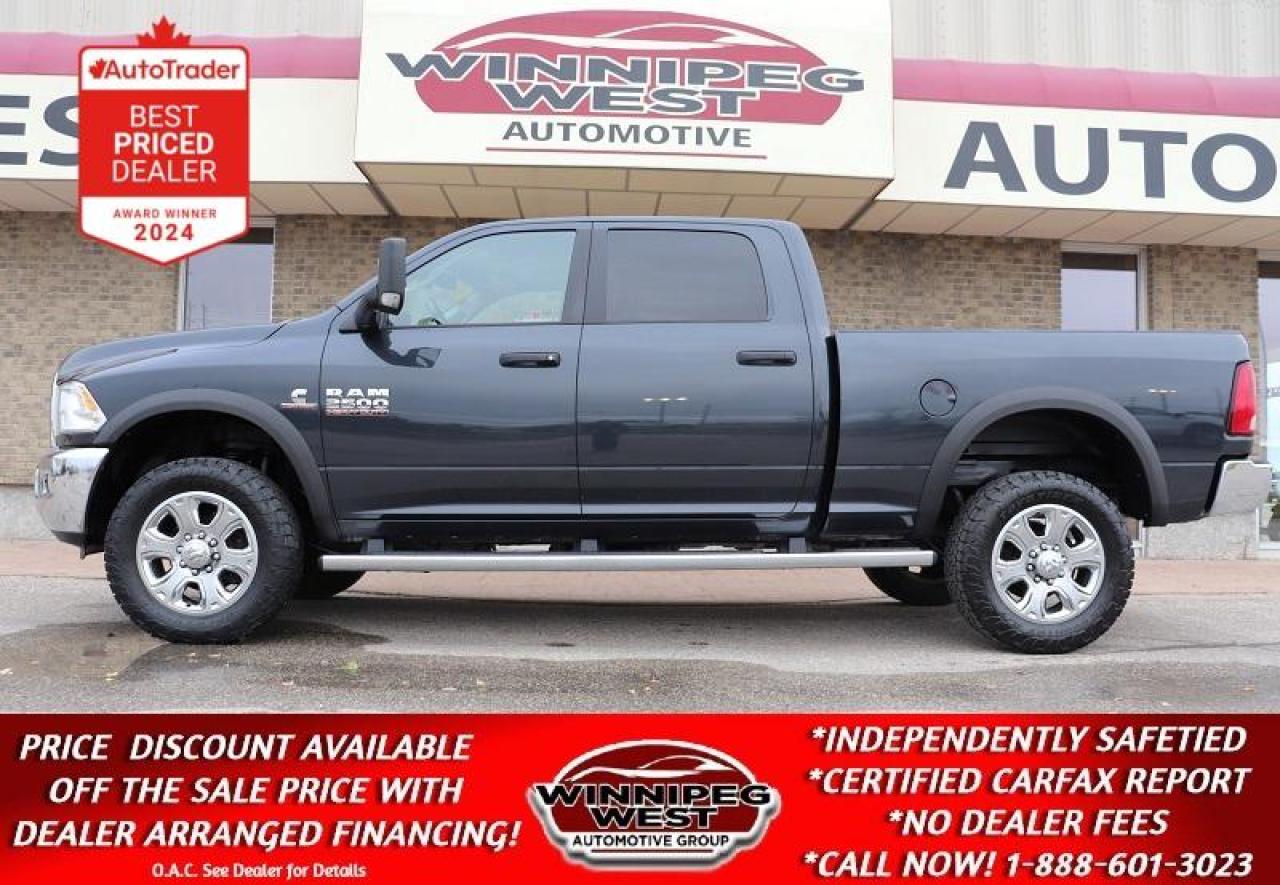 SALE PRICE: $44,800 **ASK US HOW TO RECEIVE A PRICE DISCOUNT WITH DEALER ARRANGED FINANCING O.A.C.** PLUS APPLICABLE TAXES. NO ADMINISTRATION FEES!!  

VERY CLEAN, PERFECT HISTORY, GREAT LOOKING EQUIPPED WITH ALL THE RIGHT OPTIONS AND BEST OF ALL -  VERY WELL PRICED CUMMINS! A TRUE MUST SEE 2017 RAM 2500 CREW CAB SLT PREMIUM 6.7L CUMMINS DIESEL 4X4 EQUIPPED WITH ALL THE RIGHT FACTORY OPTIONS YOU WANT, INCLUDING REMOTE START, HEATED SEATS, HEATED STEERING WHEEL, AND MORE!! VERY CLEAN TRUCK AT A GREAT PRICE!!

- 6.7L Cummins Diesel (370 hp & 800 lb-ft tq) 
- 6 Speed automatic transmission
- Auto 4x4 with 2 stage transfer case 
- 3.42 axle ratio for fuel economy
- Antispin differential rear axle
- Protection Group (Transfer case skid plate)
- Power 6-passenger seating (Sport Buckets and folding center console) 
- Heated seats 
- Heated steering wheel 
- uConnect 5.0 touch screen & w/hands free
- Multimedia Center with AUX, USB and satellite radio
- Integrated Bluetooth for phone and media input 
- Factory remote starter 
- Rear Park assist 
- Back up camera 
- Full Length wheel-to-wheel Factory Ram Chrome side steps
- Factory Tow package with exhaust brake 
- Factory Power folding tow mirrors
- Factory brake controller 
- Chrome appearance Package 
- OEM Style fender flairs
- Tow hooks
- Spray in box liner
- 20 inch Premium High Polished Aluminum Riding on almost NEW, VERY HIGH END 285/60-20-inch Toyo Open Country A/T tires (HUGE VALUE!!)
- Read below for more information 

GREAT VALUE, VERY CLEAN, GREAT LOOKING, PREMIUM SLT CUMMINS 4X4, LOADED WITH OPTIONS AND SHOWS LIKE NEW WITH A CLEAN NO-ACCIDENT HISTORY - TAKE THE WHOLE FAMILY AND/OR CREW IN STYLE & GREAT LOOKS!! EXCEPTIONALLY CLEAN & VERY WELL LOOKED AFTER TRUCK, PRIDE OF OWNERSHIP EVIDENT INSIDE AND OUT! Beautiful and Loaded 2017 RAM 2500 CREW CAB SLT PREMIUM 6.7L CUMMINS TURBO DIESEL 4X4 - What a Great find, equipped with all the options and more including the 6.7L CUMMINS Turbo Diesel matched to the 6-speed automatic transmission and 3.42 differential making this a TOWING MACHINE thanks to 800 lb-ft of pulling torque. This truck is fully equipped with options and upgrades including auto 4x4 with 2 stage transfer case, transfer plate skid plates, heated power seats (6-passenger seating with folding center console), heated steering wheel, Uconnect 5.0 touchscreen infotainment system, multi media music hub with AUX, USB, Satellite, tilt, cruise, PW, PL, integrated Bluetooth for phone and media, remote start, fog lights, HD tow package with factory brake controller, power folding tow mirrors, multi pin plug and tow option, exhaust brake, rear park assist, back up camera, auto lamps, dimming rear view mirror, rear defroster, Wheel-to-wheel factory side steps, spray in box liner, PREMIUM High Polished Aluminum Alloy Factory wheels with near NEW HIGH END Toyo Open Country 285 A/T Tires, and so much more! This truck is exceptionally clean and very sharp in all respects with pride of ownership clear - None nicer!!  Ready for all your big work or recreational towing needs with all the Family or Crew in style.  

Comes with a Fresh Manitoba Safety Certification, a CLEAN NO-ACCIDENT CARFAX history report and we have many unlimited KM warranty options available to choose from. ON SALE NOW (HUGE VALUE!!!) Zero down financing available OAC, trades accepted. Please see dealer for details. View at Winnipeg West Automotive Group, 5195 Portage Ave. Dealer permit # 4365, Call now 1 (888) 601-3023