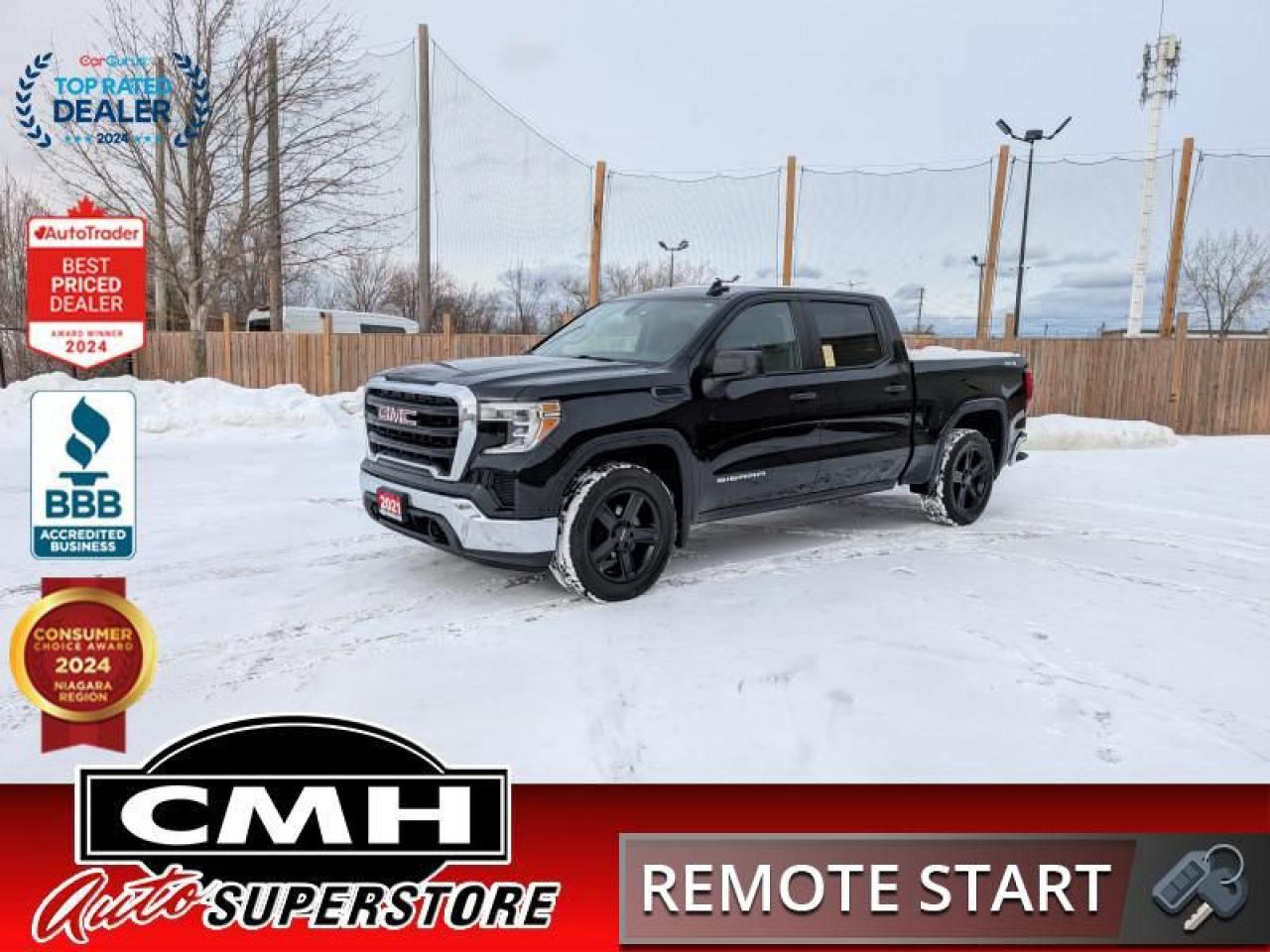 <b>CREW 4X4 !! REAR CAMERA, START-STOP, APPLE CARPLAY, ANDROID AUTO, USB-C + USB PORTS, CRUISE CONTROL, HEATED FRONT SEATS, POWER WINDOWS, POWER LOCKS, POWER MIRRORS, AIR CONDITIONING, SOFT OPEN TAILGATE, 20-INCH AFTERMARKET ALLOY WHEELS</b><br>  <br>CMH certifies that all vehicles meet DOUBLE the Ministry standards for Brakes and Tires<br><br> <br>    This  2021 GMC Sierra 1500 is for sale today. <br> <br>This GMC Sierra 1500 stands out against all other pickup trucks, with sharper, more powerful proportions that creates a commanding stance on and off the road. Next level comfort and technology is paired with its outstanding performance and capability. Inside, the Sierra 1500 supports you through rough terrain with expertly designed seats and a pro grade suspension. Youll find an athletic and purposeful interior, designed for your active lifestyle. Get ready to live like a pro in this amazing GMC Sierra 1500! This  Crew Cab 4X4 pickup  has 133,533 kms. Its  black in colour  and is major accident free based on the <a href=https://vhr.carfax.ca/?id=JJeAH/rNNV4OAsCNUXn22+SN4enih126 target=_blank>CARFAX Report</a> . It has an automatic transmission and is powered by a  310HP 2.7L 4 Cylinder Engine. <br> <br>To apply right now for financing use this link : <a href=https://www.cmhniagara.com/financing/ target=_blank>https://www.cmhniagara.com/financing/</a><br><br> <br/><br>Trade-ins are welcome! Financing available OAC ! Price INCLUDES a valid safety certificate! Price INCLUDES a 60-day limited warranty on all vehicles except classic or vintage cars. CMH is a Full Disclosure dealer with no hidden fees. We are a family-owned and operated business for over 30 years! o~o