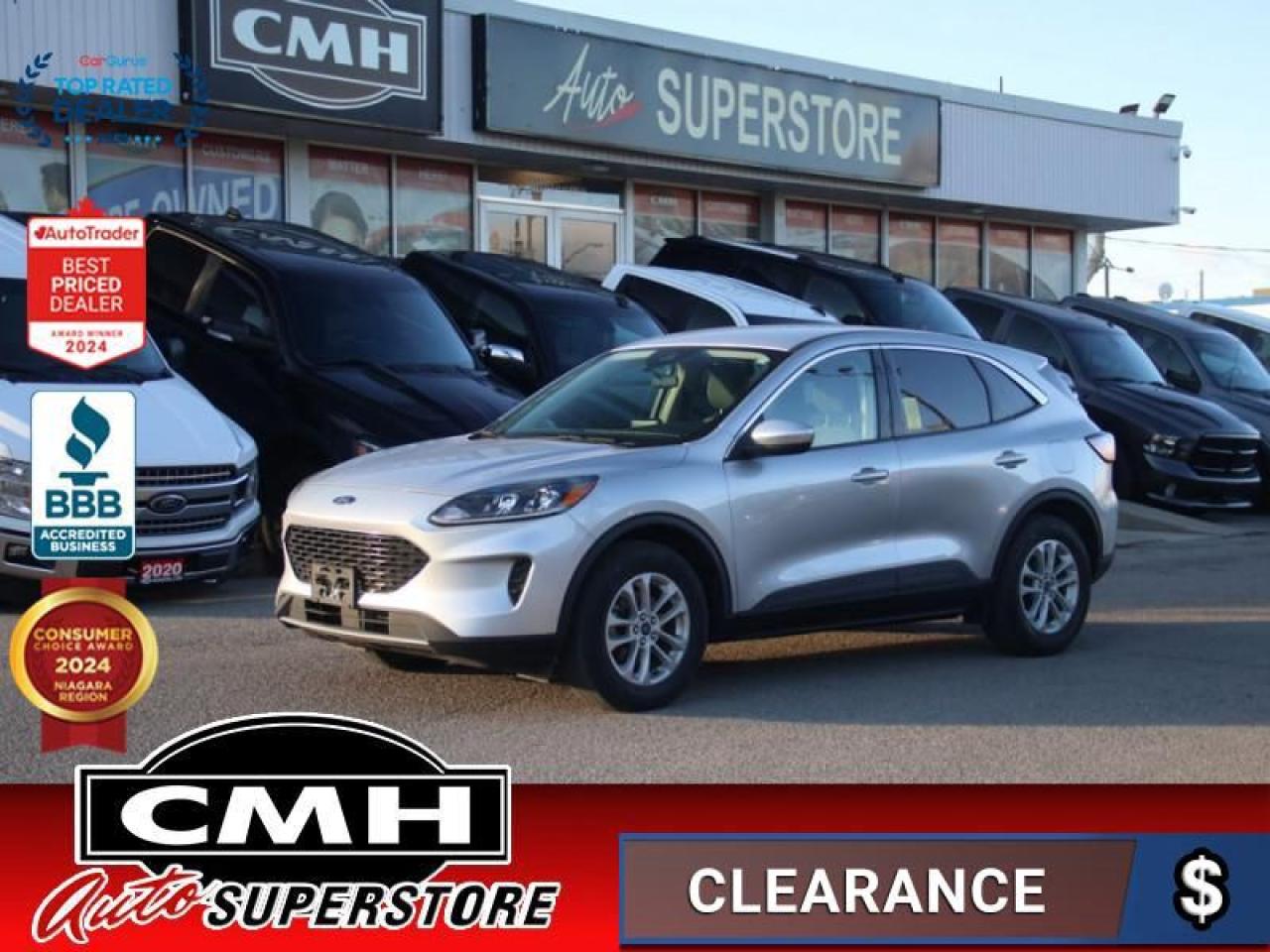 <b>ONLY 49,000 KMS !! AWD !! REAR CAMERA, COLLISION SENSORS, BLIND SPOT MONITORING, LANE KEEPING, AUTO HIGH BEAM, APPLE CARPLAY, ANDROID AUTO, POWER DRIVER SEAT, HEATED FRONT SEATS, START-STOP,  PROXIMITY KEY, BUTTON START, 17-INCH ALLOY WHEELS</b><br>  <br>CMH certifies that all vehicles meet DOUBLE the Ministry standards for Brakes and Tires<br><br> <br>    This  2020 Ford Escape is for sale today. <br> <br>All new for 2020, the Ford Escape was built for an active lifestyle and offers plenty of options for you to hit the road in your own individual style. Whether you need a family SUV for soccer practice, a capable adventure vehicle, or both, the versatile Ford Escape has you covered. Built for those who live on the go, the Ford Escape was made to be unstoppable.This low mileage  SUV has just 48,509 kms. Its  silver in colour  and is major accident free based on the <a href=https://vhr.carfax.ca/?id=byQ5Sq4XHvyEjdIdBkJKH+b9+WikSKhw target=_blank>CARFAX Report</a> . It has an automatic transmission and is powered by a  181HP 1.5L 3 Cylinder Engine. <br> <br> Our Escapes trim level is SE. Upgrading to this Ford Escape SE is a great choice as it comes loaded with heated front seats and a power driver seat with lumbar support, stylish aluminum wheels and Fords SYNC 3 infotainment system complete with a large touchscreen, Apple CarPlay and Android Auto. Additional features include SiriusXM radio, FordPass Connect 4G LTE, automatic climate control, a smart device remote starter and unique exterior accents. For added convenience and safety this Escape also comes with a 60-40 split-folding rear seat, remote keyless entry with a proximity key plus Ford Co-Pilot360 that features lane keep assist, a rear view camera, blind spot detection, automatic emergency braking and cross traffic alert. This vehicle has been upgraded with the following features: Heated Seats,  Aluminum Wheels,  Android Auto,  Apple Carplay,  Ford Co-pilot360,  Lane Keep Assist,  Blind Spot Detection. <br> To view the original window sticker for this vehicle view this <a href=http://www.windowsticker.forddirect.com/windowsticker.pdf?vin=1FMCU9G64LUB31425 target=_blank>http://www.windowsticker.forddirect.com/windowsticker.pdf?vin=1FMCU9G64LUB31425</a>. <br/><br> <br>To apply right now for financing use this link : <a href=https://www.cmhniagara.com/financing/ target=_blank>https://www.cmhniagara.com/financing/</a><br><br> <br/><br>Trade-ins are welcome! Financing available OAC ! Price INCLUDES a valid safety certificate! Price INCLUDES a 60-day limited warranty on all vehicles except classic or vintage cars. CMH is a Full Disclosure dealer with no hidden fees. We are a family-owned and operated business for over 30 years! o~o