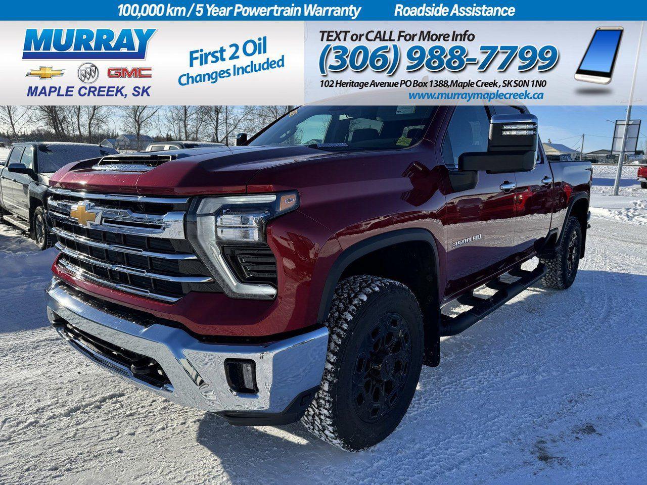 Our Diesel powered 2025 Chevrolet Silverado 3500 LTZ Crew Cab 4X4 is where capability meets comfort in Radiant Red Tintcoat! A TurboCharged 6.6 Litre DuraMax Diesel V8 providing 470hp and 975lb-ft of torque to a 10 Speed Allison Automatic transmission thats here for hard work. Towing and hauling are a breeze with this Four Wheel Drive truck, which features Digital Variable Steering for confident command of the miles ahead. Clock in with style from our Silverados bold grille, LED lighting, fog lamps, stainless steel beltline moldings, power trailer mirrors, chrome bumpers, matching accents, and alloy wheels. Smartly designed, our LTZ cabin brings a little luxury to long days with heated leather power front seats, a heated-wrapped steering wheel, dual-zone automatic climate control, keyless access/ignition, remote start, and 120V power outlets. Enjoy digital convenience with a 13.4-inch touchscreen, a 12.3-inch driver display, wireless Android Auto/Apple CarPlay, WiFi compatibility, Bluetooth, and six-speaker audio. Chevrolets advanced safety systems include forward collision alert, automatic braking, an HD rearview camera, a following distance indicator, hitch guidance, a rear seat reminder, Stabilitrak stability/traction control, trailer sway control, hill start assistance, and more. Strong and strongly recommended, our Silverado 3500 LTZ is one terrific truck! Save this Page and Call for Availability. We Know You Will Enjoy Your Test Drive Towards Ownership!