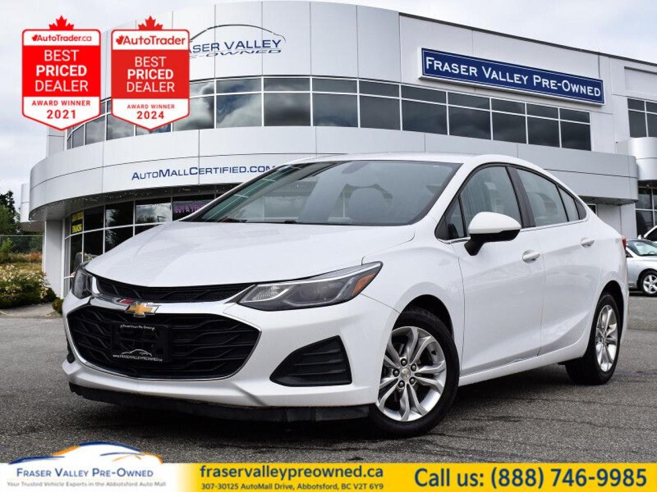 Fresh Trade!
Local Car!
Low KM
 
Economical 1.4L 4-Cylinder Engine
Automatic Transmission
FWD (Good in All-Weather)
 
Navigation through Apple CarPlay
Android Auto
Back-Up Camera w. Park Assist
Heated Seats
Cruise Control
Wireless Bluetooth
Sirius XM Satellite Radio
+ much, much, more! 
 
   This 2019 Chevrolet Cruze offers a big-car ride in a compact package with a huge trunk and plenty of high-tech infotainment. This  2019 Chevrolet Cruze is fresh on our lot in Abbotsford. 
 
Whether youre zipping around city streets or navigating winding roads, this 2019 Chevy Cruze is made to work hard for you and look good doing it. With a unique combination of high-tech entertainment, remarkable efficiency and advanced safety features, this sporty compact car helps you get where youre going without missing a beat. This  sedan has 89,359 kms. Its  nice in colour  . It has a 6 speed automatic transmission and is powered by a  153HP 1.4L 4 Cylinder Engine.  It may have some remaining factory warranty, please check with dealer for details. 
 
 Our Cruzes trim level is LT. Upgrading to this Chevrolet Cruze LT is a great choice as it comes with a long list of extra features like aluminum wheels, signature LED lights and heated seats, a 7 inch touchscreen display plus Android Auto and Apple CarPlay capability, a rear vision camera, 4G LTE and available built-in Wi-Fi hotspot. It also includes teen driver technology, a 6-speaker audio system with Chevrolet MyLink and SiriusXM, air conditioning, remote keyless entry, power windows, a 60/40 split-folding rear seat and a total of 10 airbags. This vehicle has been upgraded with the following features: Heated Seats,  Aluminum Wheels,  Led Lights,  Apple Carplay,  Android Auto,  Rear View Camera,  Cruise Control. 
 
To apply right now for financing use this link : https://www.fraservalleypreowned.ca/abbotsford-car-loan-application-british-columbia
 
 

| Our Quality Guarantee: We maintain the highest standard of quality that is required for a Pre-Owned Dealership to operate in an Auto Mall. We provide an independent 360-degree inspection report through licensed 3rd Party mechanic shops. Thus, our customers can rest assured each vehicle will be a reliable, and responsible purchase.  |  Purchase Disclaimer: Your selected vehicle may have a differing finance and cash prices. When viewing our vehicles on third party  marketplaces, please click over to our website to verify the correct price for the vehicle. The Sale Price on third party websites will always reflect the Finance Price of our vehicles. If you are making a Cash Purchase, please refer to our website for the Cash Price of the vehicle.  | All prices are subject to and do not include, a $995 Finance Fee, and a $995 Document Fee.   These fees as well as taxes, are included in all listed listed payment quotes. Please speak with Dealer for full details and exact numbers.  o~o