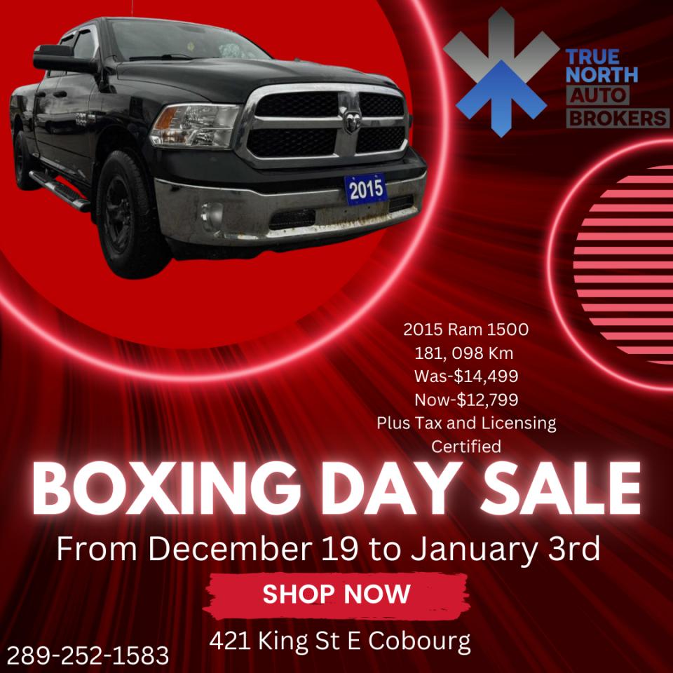 <p>Get ready to conquer the road with this rugged and reliable 2015 RAM 1500, now available at True North Auto Brokers. This black beauty boasts a powerful 5.7L 8-cylinder engine, ensuring you have the muscle to handle any task. With a spacious and comfortable grey interior, this 4-door pickup truck offers ample room for passengers and cargo. Whether youre tackling a weekend project or embarking on a road trip, this 4-wheel drive RAM will keep you in control no matter the terrain. With 181,098km on the odometer, this truck is ready for many more adventures.</p><p>This RAM 1500 is loaded with features designed to make your driving experience smooth and enjoyable. Stay cool with the air conditioning, and stay safe with the anti-lock brakes, driver and passenger airbags, and side airbags. The power steering, windows, door locks, and mirrors provide convenience and ease of use. The heated mirrors ensure visibility even in the coldest weather, while the tilt steering wheel lets you find the perfect driving position.</p><p>Here are five features that really make this RAM 1500 stand out:</p><ol><li><strong>Powerful 5.7L 8-cylinder engine:</strong> Get ready to feel the power as you tackle any terrain.</li><li><strong>4-wheel drive:</strong> Enjoy confidence and control, no matter the road conditions.</li><li><strong>Spacious and comfortable interior:</strong> Transport passengers and cargo in style and comfort.</li><li><strong>Heated mirrors:</strong> Enjoy clear visibility even on the coldest winter days.</li><li><strong>Tilt steering wheel:</strong> Find the perfect driving position for ultimate comfort.</li></ol><p>Ready to experience the power and versatility of this 2015 RAM 1500? Visit True North Auto Brokers today and take it for a test drive!</p><p><em>PRICE EXCLUDES TAXES AND $59 LICENSING FEES</em></p>