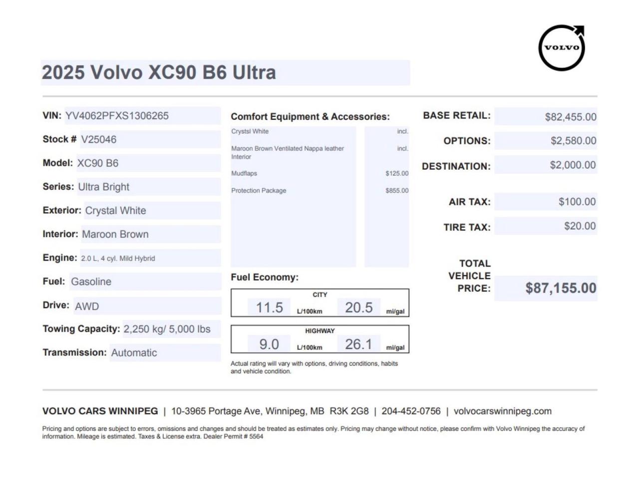 New 2025 Volvo XC90 Ultra Bright Theme for sale in Winnipeg, MB