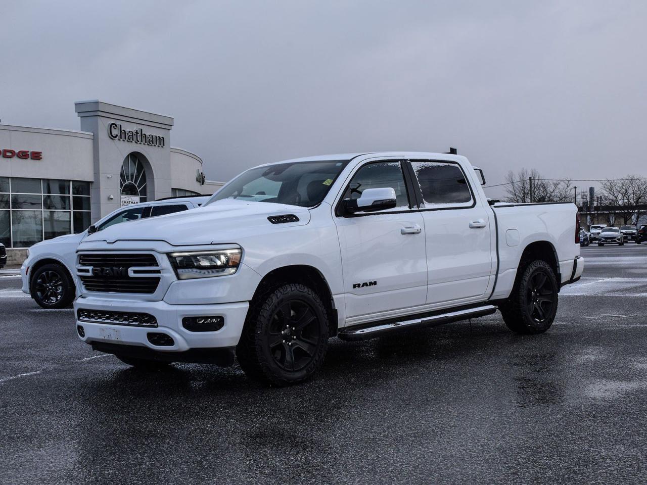 2023 Ram 1500 4D Crew Cab Sport Bright White Clearcoat 115V Rear Auxiliary Power Outlet, 2nd Row In-Floor Storage Bins, Media Hub w/2 USB Charging Ports, Navigation System, Park-Sense Front/Rear Park Assist w/Stop, Power 8-Way Driver Seat, Quick Order Package 25L, Rain-Sensing Windshield Wipers, Rear Underseat Compartment Storage, Rebel Level 1 Equipment Group, Rebel Level 2 Equipment Group, Remote Start System, Security Alarm. Odometer is 5005 kilometers below market average! 4WD HEMI 5.7L V8 VVT 8-Speed Automatic<br><br><br>Here at Chatham Chrysler, our Financial Services Department is dedicated to offering the service that you deserve. We are experienced with all levels of credit and are looking forward to sitting down with you. Chatham Chrysler Proudly serves customers from London, Ridgetown, Thamesville, Wallaceburg, Chatham, Tilbury, Essex, LaSalle, Amherstburg and Windsor with no distance being ever too far! At Chatham Chrysler, WE CAN DO IT!