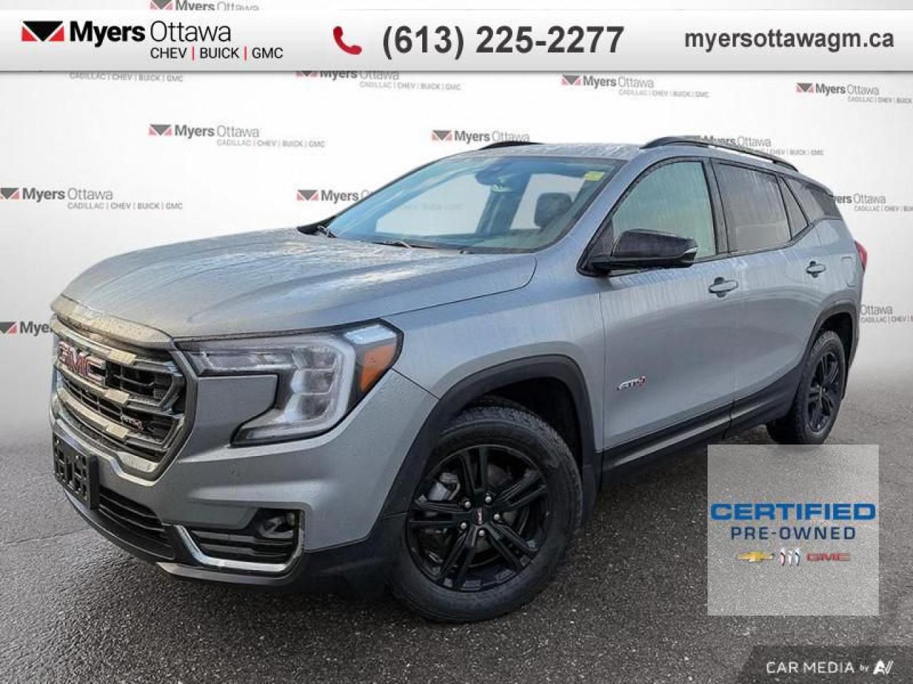 <b>CERTIFIED</b><br>   Compare at $30385 - Myers Cadillac is just $29500! <br> <br>JUST IN- 2023 TERRAIN AT4 AWD- STERLING METALLIC ON BLACK LEATHER, HEATED SEATS, HEATED STEERING WHEEL, GMC PRO SAFETY PACKAGE, TECH PACKAGE, INFORTAINMENT PACKAGE, BLOCK HEATER, SIDE BLIND ZONE ALERT, ADAPTIVE CRUISE, LED LIGHTING, HD REAR CAMERA, APPLE CARPLAY, ONE OWNER, CERTIFIED, NO ADMIN FEES. <br> <br>To apply right now for financing use this link : <a href=https://creditonline.dealertrack.ca/Web/Default.aspx?Token=b35bf617-8dfe-4a3a-b6ae-b4e858efb71d&Lang=en target=_blank>https://creditonline.dealertrack.ca/Web/Default.aspx?Token=b35bf617-8dfe-4a3a-b6ae-b4e858efb71d&Lang=en</a><br><br> <br/>Certified Pre-Owned Vehicles. Instead of worries our vehicles come with a 150+ point inspection and a 30 day / 2,500kms Vehicle Exchange Privilege. Buy with confidence! <br> <br/><br>All prices include Admin fee and Etching Registration, applicable Taxes and licensing fees are extra.<br>*LIFETIME ENGINE TRANSMISSION WARRANTY NOT AVAILABLE ON VEHICLES WITH KMS EXCEEDING 140,000KM, VEHICLES 8 YEARS & OLDER, OR HIGHLINE BRAND VEHICLE(eg. BMW, INFINITI. CADILLAC, LEXUS...)<br> Come by and check out our fleet of 30+ used cars and trucks and 160+ new cars and trucks for sale in Ottawa.  o~o