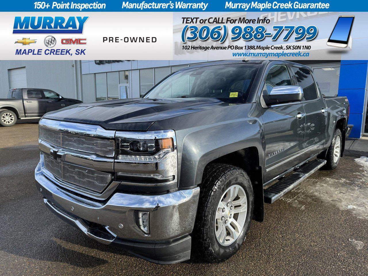 Ready to impress, Our 2017 Chevrolet Silverado 1500 LTZ Crew Cab 4X4 styled in Deep Ocean Blue Metallic! Powered by a 6.2 Litre EcoTec3 V8 that offers 420hp paired with an 8 Speed Automatic transmission for easy passing. This Four Wheel Drive truck executes perfectly to offer you approximately 11.2L/100km on the highway and plenty of muscle to get your job done easily! The striking appearance of our Silverado looks top-notch with its chiseled physique, bold grille, chrome accents, running boards, prominent wheels, and high-strength steel bed. Once inside, the LTZ cabin greets you with a universal home remote, remote vehicle start, a rearview camera, heated leather seats, power accessories, and a driver information center. Staying in touch is easy thanks to the Chevrolet MyLink radio with voice activation, an 8-inch colour touchscreen, Bluetooth, available satellite radio, Android Auto/Apple CarPlay capability, and OnStar with available WiFi. Chevrolet is built strong with the trailering package and received top safety scores with its high-strength steel, Stabilitrak, ABS, daytime running lamps, and plenty of airbags. You deserve a truck that can keep up with you, whether conquering your work day or playing hard on the weekend. Reward yourself with this Silverado 1500 LTZ! Save this Page and Call for Availability. We Know You Will Enjoy Your Test Drive Towards Ownership!