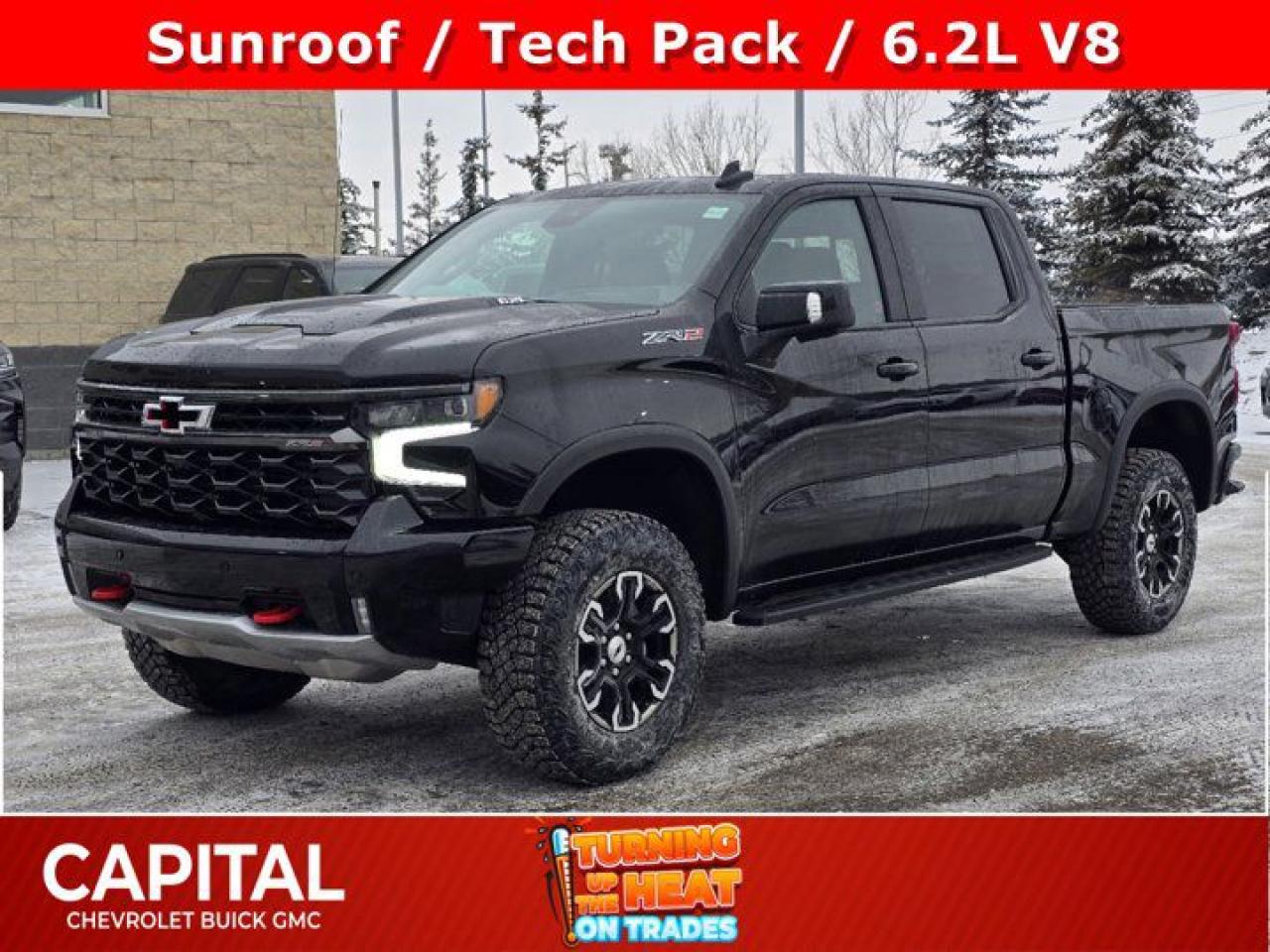 This Chevrolet Silverado 1500 delivers a Gas V8 6.2L/376 engine powering this Automatic transmission. ENGINE, 6.2L ECOTEC3 V8 (420 hp [313 kW] @ 5600 rpm, 460 lb-ft of torque [624 Nm] @ 4100 rpm); featuring Dynamic Fuel Management that enables the engine to operate in 17 different patterns between 2 and 8 cylinders, depending on demand, to optimize power delivery and efficiency, ZR2 Suspension Package High-Performance lifted suspension with Multimatic DSSV dampers, Wireless Phone Projection for Apple CarPlay and Android Auto.*This Chevrolet Silverado 1500 Comes Equipped with These Options *Wipers, front rain-sensing, Windows, power rear, express down, Window, power, rear sliding with rear defogger, Window, power front, passenger express up/down, Window, power front, drivers express up/down, Wi-Fi Hotspot capable (Terms and limitations apply. See onstar.ca or dealer for details.), Wheels, 18 x 8.5 (45.7 cm x 21.6 cm) aluminum machined face with Black Painted spokes and Oxide Gold painted outer ring accents, Wheelhouse liners, rear, Wheel, 18 aluminum spare, USB Ports, rear, dual, charge-only.* Visit Us Today *A short visit to Capital Chevrolet Buick GMC Inc. located at 13103 Lake Fraser Drive SE, Calgary, AB T2J 3H5 can get you a dependable Silverado 1500 today!