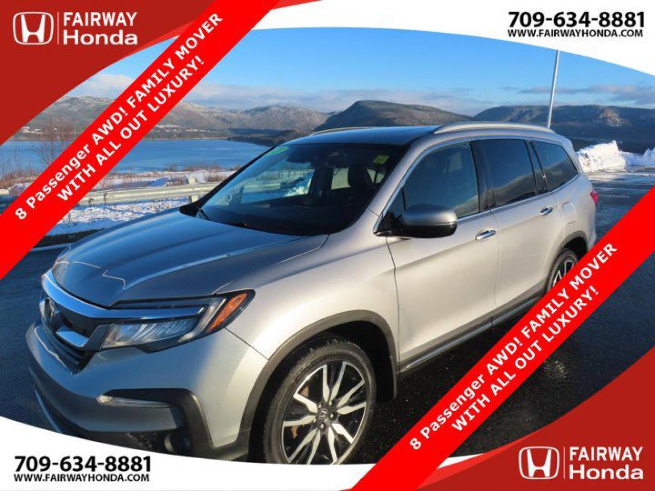 Recent Arrival!Lunar Silver Metallic 2021 Honda Pilot Touring 8 Passenger AWD! FULLY LOADED FAMILY MOVER WITH AL AWD 9-Speed Automatic 3.5L V6 SOHC i-VTEC 24V*Professionally Detailed*, *Market Value Pricing*, AWD, 3rd row seats: split-bench, 4-Wheel Disc Brakes, A/V remote: CabinControl, ABS brakes, Air Conditioning, Alloy wheels, AM/FM radio: SiriusXM, Apple CarPlay/Android Auto, Auto High-beam Headlights, Auto-dimming Rear-View mirror, Automatic temperature control, Brake assist, Compass, Delay-off headlights, Driver door bin, Driver vanity mirror, Dual front impact airbags, Dual front side impact airbags, Electronic Stability Control, Emergency communication system: HondaLink, Exterior Parking Camera Rear, Forward collision: Collision Mitigation Braking System (CMBS) + FCW mitigation, Four wheel independent suspension, Front anti-roll bar, Front Bucket Seats, Front dual zone A/C, Front fog lights, Front reading lights, Fully automatic headlights, Garage door transmitter: HomeLink, Headphones, Heated door mirrors, Heated front seats, Heated rear seats, Honda Satellite-Linked Navigation System, Illuminated entry, Lane departure: Lane Keeping Assist System (LKAS) active, Low tire pressure warning, Memory seat, Navigation system: Honda Satellite-Linked Navigation System, Occupant sensing airbag, Outside temperature display, Overhead airbag, Overhead console, Panic alarm, Passenger door bin, Passenger vanity mirror, Power door mirrors, Power driver seat, Power Liftgate, Power moonroof, Power passenger seat, Power steering, Power windows, Radio data system, Rear air conditioning, Rear anti-roll bar, Rear reading lights, Rear window defroster, Rear window wiper, Reclining 3rd row seat, Remote keyless entry, Roof rack: rails only, Security system, Speed control, Speed-sensing steering, Split folding rear seat, Spoiler, Steering wheel mounted audio controls, Tachometer, Telescoping steering wheel, Tilt steering wheel, Traction control, Trip computer, Turn signal indicator mirrors, Variably intermittent wipers.Certification Program Details: 85 Point Inspection Top Up Fluids Brake Inspection Tire Inspection Fresh 2 Year MVI Fresh Oil ChangeFairway Honda - Community Driven!