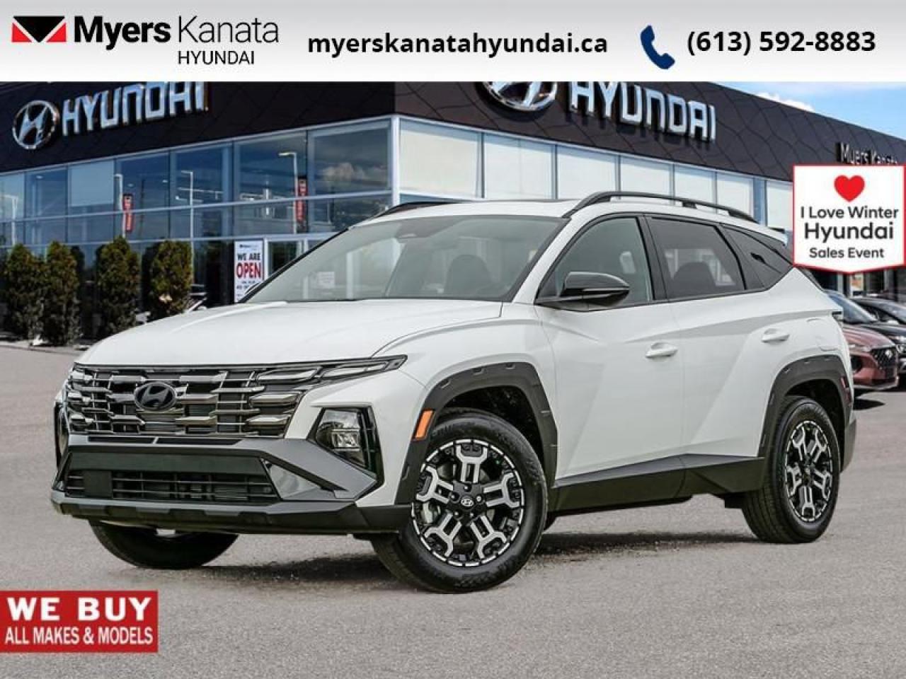 <b>Premium Audio,  Sunroof,  Navigation,  Power Liftgate,  Heated Seats!</b><br> <br> <br> <br>  Highways, byways, urban sprawls, and remote expanses, this 2025 Hyundai Tucson does it all with ease and grace. <br> <br>This 2025 Hyundai Tucson was made with eye for detail. From subtle surprises to bold design features, every part of this 2025 Hyundai Tucson is a treat. Stepping into the interior feels like a step right into the future with breathtaking technology and luxury that will make your smartphone jealous. Add on an intelligently capable chassis and drivetrain and you have the SUV of the future, ready for you today.<br> <br> This serenity wht SUV  has an automatic transmission and is powered by a  187HP 2.5L 4 Cylinder Engine.<br> <br> Our Tucsons trim level is XRT AWD. Standard features include Bose premium audio, leatherette-trimmed heated front seats, an express open/close glass sunroof, a heated leather-wrapped steering wheel, proximity keyless entry with push button start, remote engine start, and a 12.3-inch infotainment screen now with voice-activated navigation, and bundled with Apple CarPlay and Android Auto. Occupant safety is assured, thanks to adaptive cruise control, blind spot detection, lane keep assist with lane departure warning, forward collision avoidance with pedestrian and cyclist detection, and a rear view camera. Additional features include dual-zone climate control, LED headlights with automatic high beams, towing equipment with trailer sway control, and even more. This vehicle has been upgraded with the following features: Premium Audio,  Sunroof,  Navigation,  Power Liftgate,  Heated Seats,  Apple Carplay,  Android Auto. <br><br> <br>To apply right now for financing use this link : <a href=https://www.myerskanatahyundai.com/finance/ target=_blank>https://www.myerskanatahyundai.com/finance/</a><br><br> <br/>    This vehicle may qualify for $500 Military Program Bonus. Eligible customers may qualify for the Hyundai 0.50% Loyalty Finance Rate Reduction - certain restrictions may apply. 6.29% financing for 96 months. <br> Buy this vehicle now for the lowest weekly payment of <b>$146.61</b> with $0 down for 96 months @ 6.29% APR O.A.C. ( Plus applicable taxes -  $2596 and licensing fees    ).  Incentives expire 2025-01-31.  See dealer for details. <br> <br>This vehicle is located at Myers Kanata Hyundai 400-2500 Palladium Dr Kanata, Ontario. <br><br> Come by and check out our fleet of 30+ used cars and trucks and 110+ new cars and trucks for sale in Kanata.  o~o