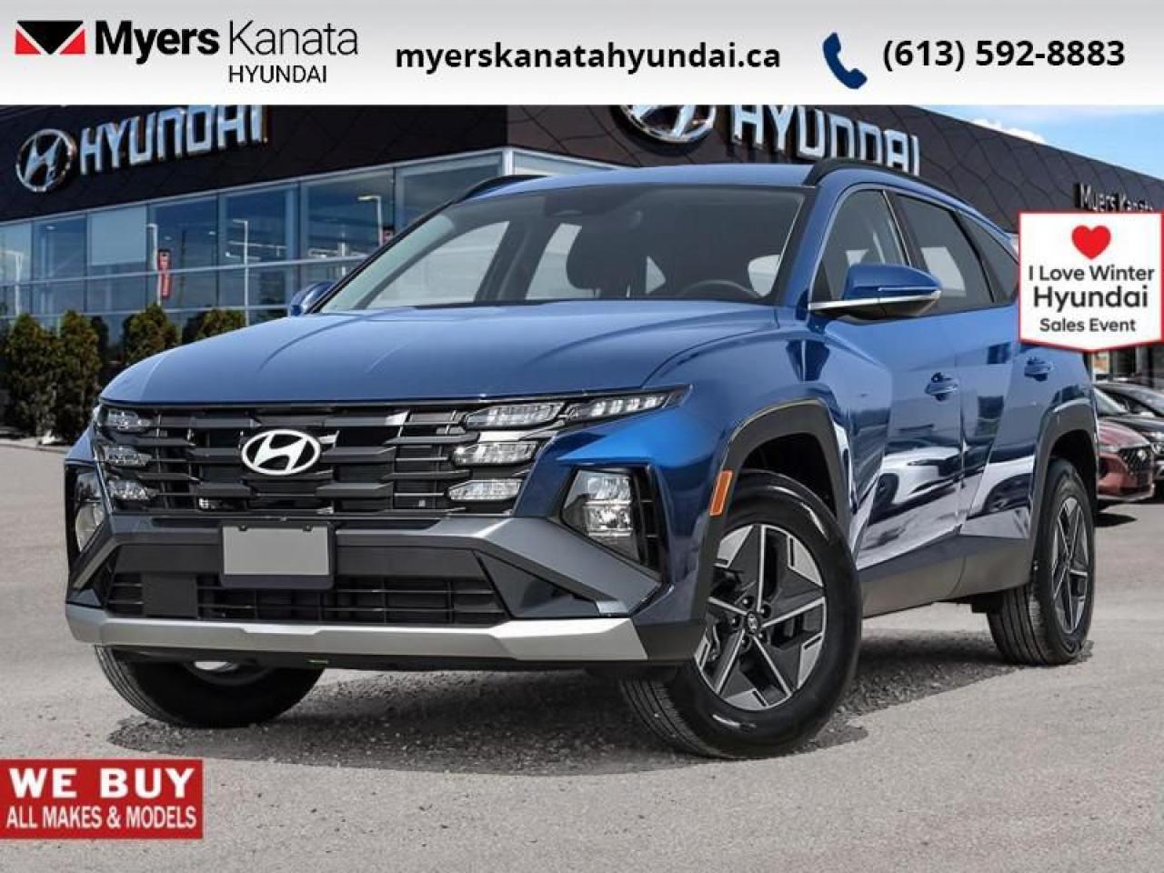 <b>Sunroof,  Navigation,  Power Liftgate,  Heated Seats,  Apple CarPlay!</b><br> <br> <br> <br>  This 2025 Hyundai Tucson is the defining answer to what makes an SUV great. <br> <br>This 2025 Hyundai Tucson was made with eye for detail. From subtle surprises to bold design features, every part of this 2025 Hyundai Tucson is a treat. Stepping into the interior feels like a step right into the future with breathtaking technology and luxury that will make your smartphone jealous. Add on an intelligently capable chassis and drivetrain and you have the SUV of the future, ready for you today.<br> <br> This atlantis blu SUV  has an automatic transmission and is powered by a  187HP 2.5L 4 Cylinder Engine.<br> <br> Our Tucsons trim level is Preferred w/Trend Pkg. Step up to this Tucson with the Trend Package and be treated to leatherette-trimmed heated front seats, an express open/close glass sunroof, a heated leather-wrapped steering wheel, proximity keyless entry with push button start, remote engine start, and a 12.3-inch infotainment screen now with voice-activated navigation, and bundled with Apple CarPlay and Android Auto, with a 6-speaker audio system. Occupant safety is assured, thanks to adaptive cruise control, blind spot detection, lane keep assist with lane departure warning, forward collision avoidance with pedestrian and cyclist detection, and a rear view camera. Additional features include dual-zone climate control, LED headlights with automatic high beams, towing equipment with trailer sway control, and even more. This vehicle has been upgraded with the following features: Sunroof,  Navigation,  Power Liftgate,  Heated Seats,  Apple Carplay,  Android Auto,  Heated Steering Wheel. <br><br> <br>To apply right now for financing use this link : <a href=https://www.myerskanatahyundai.com/finance/ target=_blank>https://www.myerskanatahyundai.com/finance/</a><br><br> <br/>    This vehicle may qualify for $500 Military Program Bonus. Eligible customers may qualify for the Hyundai 0.50% Loyalty Finance Rate Reduction - certain restrictions may apply. 6.29% financing for 96 months. <br> Buy this vehicle now for the lowest weekly payment of <b>$141.25</b> with $0 down for 96 months @ 6.29% APR O.A.C. ( Plus applicable taxes -  $2596 and licensing fees    ).  Incentives expire 2025-01-31.  See dealer for details. <br> <br>This vehicle is located at Myers Kanata Hyundai 400-2500 Palladium Dr Kanata, Ontario. <br><br> Come by and check out our fleet of 30+ used cars and trucks and 90+ new cars and trucks for sale in Kanata.  o~o