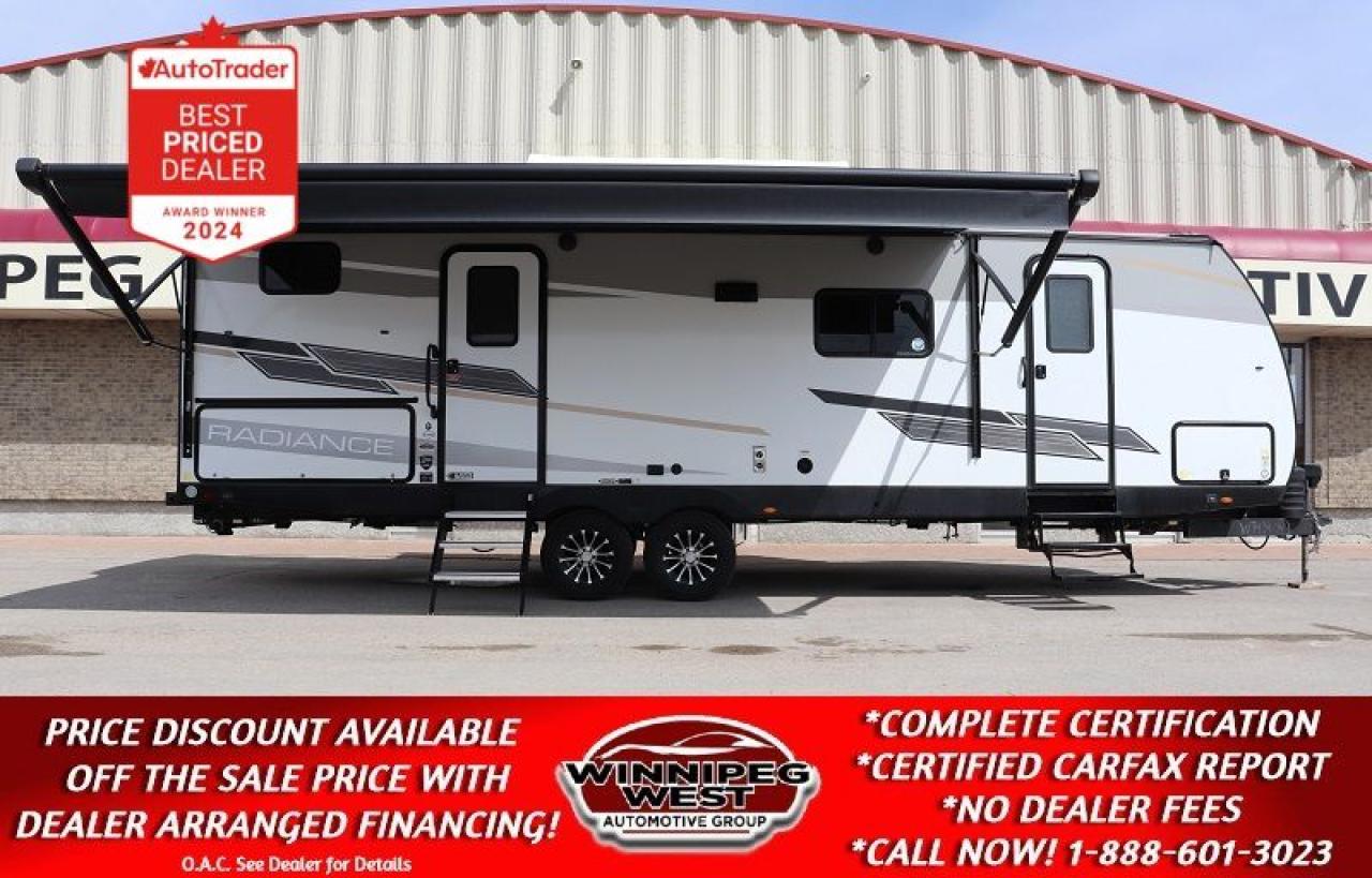 SALE PRICE: $45,800 **ASK US HOW TO RECEIVE A PRICE DISCOUNT WITH DEALER ARRANGED FINANCING O.A.C.** PLUS APPLICABLE TAXES. NO ADMINISTRATION FEES!!  

**OFF SEASON CLEAR OUT SALE ON NOW, WHOLESALE PRICING DIRECT TO CUSTOMER ON ALL RVS. DO NOT HESITATE TO GET AN AMAZING DEAL NOW & ALSO RECEIVE FREE ON-SITE STORAGE UNTIL SPRING 2025 WITH EVERY RV PURCHASE! BUY NOW WITH CONFIDENCE BEFORE THE SPRING PRICE INCREASE** 
 
This 2023 CRUISER RV RADIANCE R-28BH RV is a 33ft full sized, ultra lite-weight RV with Rear Bunks and a Big Slide that delivers lots of space without lots of weight. Its loaded with luxury features and its made by Cruiser RV, a trusted name in quality and craftsmanship. 

2023 Cruiser Radiance 28BH! Sleeps up to 10!

- Size: 33 FOOT
- Weight: 6,788 lbs DRY, 870 lbs hitch weight
- Capacity: 2,850 lbs cargo capacity, 44 gal fresh water capacity, 30 gal black water capacity, 78 gal gray water capacity, 60 lbs LP tank capacity
- BIG SLIDE (Dinette and Sofa )
- LARGE OPEN CONCEPT MID KITCHEN/LIVING ROOM LAYOUT WITH TONS OF WINDOWS
- DELUXE CHEF KITCHEN 
- SLEEPS 10 (Rear Double Bunks)
- PRIVATE FRONT MASTER BEDROOM WITH KING BED,
- LARGE BATHROOM
- DELUXE BATH SET UP
- ENTERTAINMENT WALL WITH A FLAT SCREEN TV 
- FIRE PLACE
- AMPLE STORAGE THROUGHOUT
- LARGE POWER AWNING
- DUAL ENTRANCE DOORS
- POWER FRONT & POWER REAR STABILIZER JACKS & POWER HITCH
- OUTSIDE KITCHEN WITH GRIDDLE AND MINI FRIDGE
- CLIMATE DEFENSE WEATHER PACKAGE 
- EQUIPPED WITH FULL SOLAR PACKAGE (DELUXE SOLAR FREEDOM 2 PKG)
- AND SO MUCH MORE...

Radiance Ultra Light Package:
15K BTU A/C, Electric Awning w/LED Light, Spare Tire, 6 Gal Gas/Electric w/DSI Water Heater, Two Tone High Gloss Gel Coated Fiberglass Exterior,
LED Interior Lighting Package, Exterior LED Lighting, USB Charging Ports, Motion Sensor Lifhtin Pass-Thru Storage, Power Tongue Jack, Power Stabilizer Jacks.

Radiance Camping In Style Package:
Painted Fiberglass Front Cap w/Integrated LED Lighting, Full Belly Storage, 34 x 19 Slam-Latch Baggage Doors, Key Alike System,
Upgraded Graphics Package,  EZ Lube Axles, Detachable Power Cord, Entrance Step Light, Outside Spray-Port w/Hose and Sprayer, Solid Fold Away Entry Step, Patent Pending King Bed
Slide System, 611" Vaulted Interior Ceiling, Designer Cabinet Doors, Designer Valances, Residential-Style  Furniture, Under mounted Stainless Steel Sink w/Sink Cover, Shower Enclosure, 4 Speaker Soundbar Stereo w/Bluetooth, Tri-Fold Sleeper Sofa in Super Slide.

Cruiser Climate Defense Package:
Heated & Enclosed Underbelly, 2" Duct from Furnace into Underbelly, High Output Furnace w/Ducting, Tinted G20 Window Tint, Cruiser Rain Away Gutter System.

Head to your favorite park in this travel trailer that can sleep ten people. Youll find dual entry doors; one leading into the main living area, and one leading into the front private bedroom. Prepare lunch for everyone on the outside kitchen and enjoy the shade of the 20 awning. Once you head inside, you can hang your jackets and store your shoes in the walk-in pantry before relaxing on the tri-fold sofa or booth dinette. The kids can climb into the double bunk beds for a rest, and the full bath allows everyone to freshen up before bed! 

Enjoy full featured luxury camping in this Radiance Ultra Lite travel trailer by Cruiser! Constructed with tri-tone high gloss dipped sidewalls, 5/8 tongue and grooved plywood flooring, and 6 11" aluminum roofs for a sturdy trailer made to last. The 15" tires on Dexter axles provide a smooth ride to the campground, and the two-toned painted fiberglass front cap with LED lighting is sure to turn heads. Includes a high-rise kitchen faucet, steel ball-bearing full extension drawer guides, residential-style furniture, and multiple charging stations with 12V and USB ports for your camera, phone, or tablet!

Move outside and theres the huge outdoor kitchen complete with mini fridge and grill for all the outside cooking and fun, with tons of storage! there is a huge 20-foot power awning to cover you in those hot or rainy days and of course inside air conditioning for the hot summer nights. This full size Lightweight travel trailer will Sleep up to 10 making it perfect for Vacationing, Adventuring or just Relaxing on a seasonal lot - it has a great family layout with a large group or family in mind. Set up is a breeze with 4 corner power leveling jacks and a power front hitch jack. 

We have completed a PDI along with Safety Inspection based on the Manitoba Fire Commissioners Office guidelines. This RV comes with a Clean CARFAX history report PLUS we have several extended warranty options available to choose from to protect your RV and your wallet. New MRSP to replace today is over $80,000. Now Priced to sell (HUGE VALUE!!!) Zero down financing OAC with very Low monthly payments avail. Please see dealer for details. Trades accepted. View at Winnipeg West Automotive Group, 5195 Portage Ave. Dealer permit # 4365, Call now 1-(888) 601-3023.