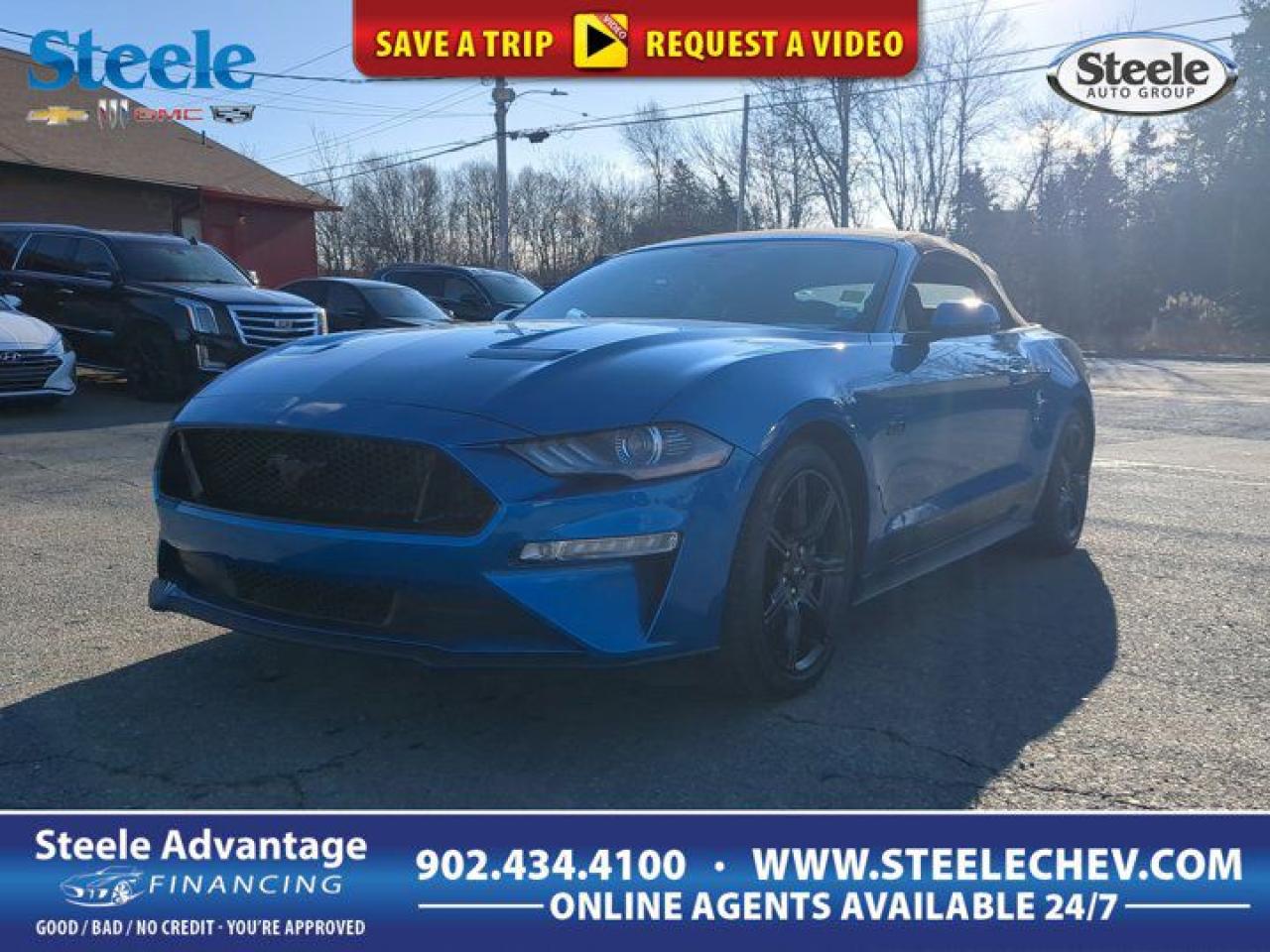 Check out our 2019 Ford Mustang GT Premium Convertible thats got plenty of swagger in Blue! Powered by a 5.0 Litre Coyote V8 offering 460hp paired with a fun-to-drive 10 Speed Automatic transmission with launch control as well as Electronic Line-Lock. Our GT is amazingly agile and responsive, and it delivers blistering acceleration while scoring approximately 9.8L/100km on the highway. Enjoy a deep rumble that adds to the timeless good looks of our GT Fastback with its iconic curves that ignite a sense of adventure. Take note of the beautiful alloy wheels, raised blade decklid spoiler, LED fog lights, and HID headlamps with signature lighting that adds to the timeless looks of our GT Premium Convertible! Open the GT Premium door and settle into the low, sporty, heated and cooled leather seats and enjoy a wealth of thoughtful features including navigation, ambient lighting, dual-zone automatic climate control, Intelligent Access with push-button start and even Track Apps performance telemetry! Youll love the Sync 3 infotainment system with voice control, touchscreen, Bluetooth, and an impressive sound system with available satellite radio, a CD player, and dual USB ports. Not only does our Ford Mustang treat you to exceptional driving pleasure, but it also provides priceless peace of mind. Youll be well-equipped with a rearview camera, advanced airbags, a tire pressure monitoring system, and MyKey parental controls. Rekindle your love of driving with this incredible machine! Save this Page and Call for Availability. We Know You Will Enjoy Your Test Drive Towards Ownership! Steele Chevrolet Atlantic Canadas Premier Pre-Owned Super Center. Being a GM Certified Pre-Owned vehicle ensures this unit has been fully inspected fully detailed serviced up to date and brought up to Certified standards. Market value priced for immediate delivery and ready to roll so if this is your next new to your vehicle do not hesitate. Youve dealt with all the rest now get ready to deal with the BEST! Steele Chevrolet Buick GMC Cadillac (902) 434-4100 Metros Premier Credit Specialist Team Good/Bad/New Credit? Divorce? Self-Employed?