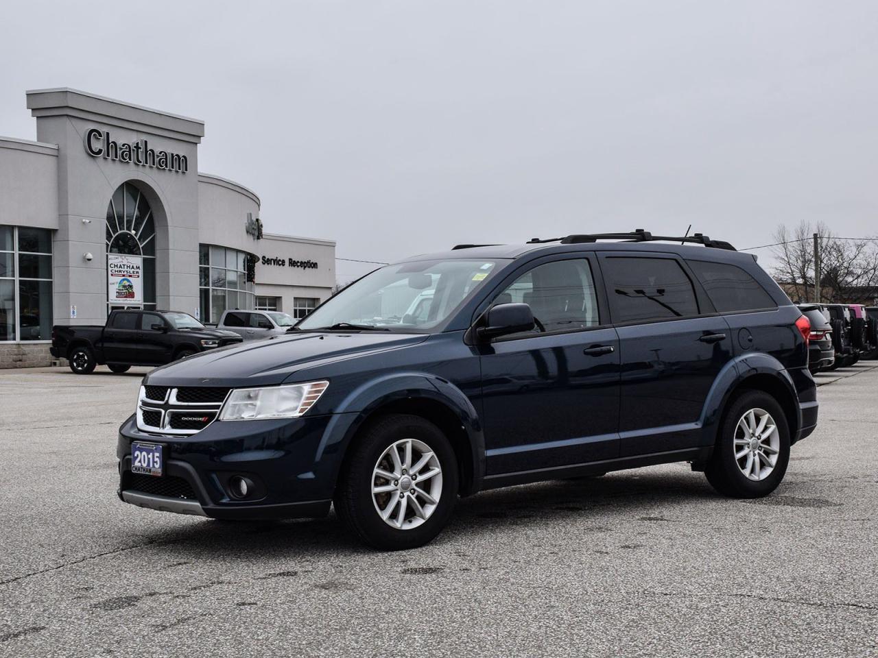 2015 Dodge Journey 4D Sport Utility SXT Fathom Blue Pearlcoat 2nd Row 40/60 Tilt N Slide Seat, 3rd Row 50/50 Fold/Reclining Seat, 7-Passenger Flexible Seating Group, Auto-Dim Rearview Mirror & Microphone, Convenience Group, Delete Cargo Compartment Cover, Easy Entry® Seat, Hands-Free Communication w/Bluetooth, Quick Order Package 22K, Rear Air Conditioning w/Heater, Remote Start. Odometer is 31540 kilometers below market average! FWD 2.4L DOHC 16V 4-Speed Automatic<br><br><br>Reviews:<br>  * Owners tend to appreciate the Journeys stand-out styling, overall flexibility, easy to drive character, comfort and versatility first and foremost. With the Pentastar V6 on board, fans of performance report satisfaction with almost excessive levels of power output. A high-lift tailgate and handy storage provisions throughout the interior are highly rated, and the infotainment system on newer models is said to be one of the best in the business. Source: autoTRADER.ca<br><br><br>Here at Chatham Chrysler, our Financial Services Department is dedicated to offering the service that you deserve. We are experienced with all levels of credit and are looking forward to sitting down with you. Chatham Chrysler Proudly serves customers from London, Ridgetown, Thamesville, Wallaceburg, Chatham, Tilbury, Essex, LaSalle, Amherstburg and Windsor with no distance being ever too far! At Chatham Chrysler, WE CAN DO IT!