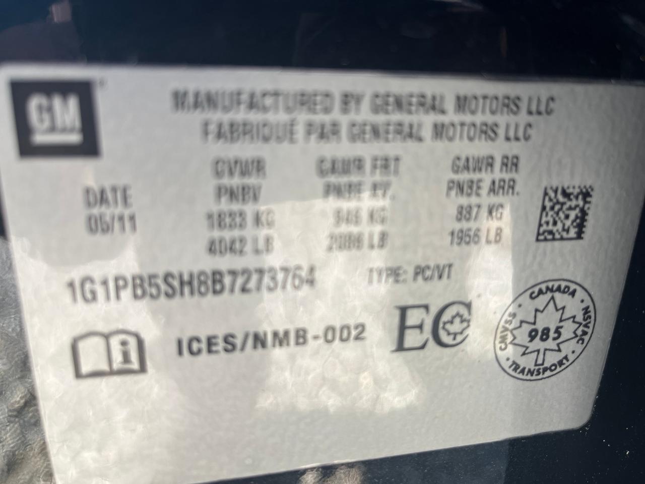 2011 Chevrolet Cruze ONE OWNER, Clean CARFAX, LOW KM with Safety and 1 year $5000 Powertrain Warranty. Photo