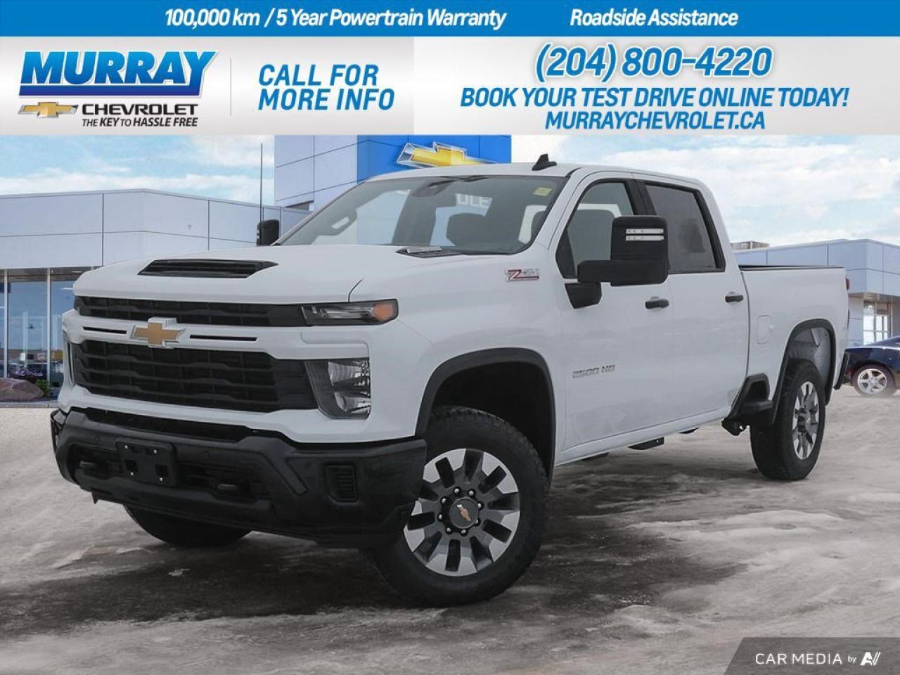 *DURAMAX 6.6L TURBO-DIESEL V8* *Z71 OFF-ROAD PACKAGE* *GOOSENECK/5TH WHEEL PREP PACKAGE*  The 2025 Chevrolet Silverado 2500HD Custom is a powerful and versatile truck, perfectly suited for the rugged landscapes of Winnipeg and the surrounding area. Its heart is the impressive Duramax 6.6L Turbo-Diesel V8 engine, delivering a robust 470 horsepower and an astounding 975 lb-ft of torque, making it ideal for heavy-duty tasks. This engine is paired with the renowned Allison 10-Speed Automatic Transmission, ensuring smooth and efficient power delivery whether youre cruising on the highway or towing heavy loads.  For those who crave adventure, the Z71 Off-Road Package is your gateway to exploring the great outdoors. It features off-road tuned twin tube Rancho shocks, Hill Descent Control, and protective skid plates for the transfer case and oil pan, giving you the confidence to tackle even the toughest trails. The Summit White exterior, complemented by Jet Black cloth seat trim, offers a striking appearance thats both classic and contemporary.  The Silverado 2500HD Custom also comes equipped with a Gooseneck/5th Wheel Prep Package, ready for any towing challenges you may face in Winnipeg. This package includes a hitch platform with a tray to accept a ball, stamped bed holes with removable caps, and a bed-mounted 7-pin trailer harness, ensuring youre prepared for any job. Inside, youll find modern conveniences such as a back-up camera, keyless entry, and a WiFi hotspot, making every journey as comfortable as it is capable.  Dealer Permit #1740