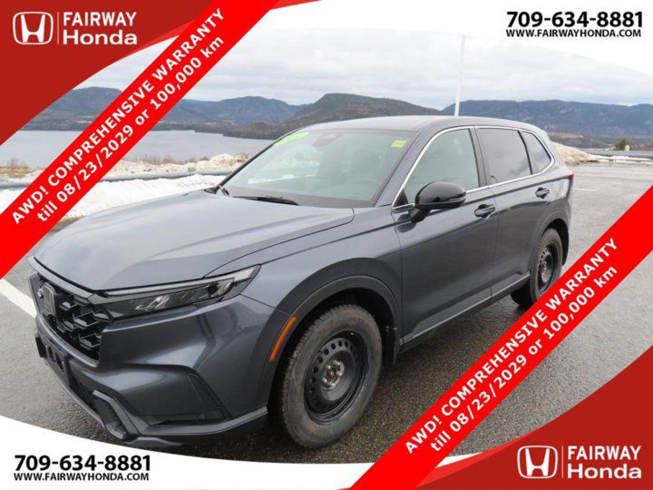 Odometer is 7747 kilometers below market average! Meteorite Gray Metallic 2024 Honda CR-V Hybrid EX-L AWD! COMPREHENSIVE WARRANTY till 100,000 km AWD CVT 2.0L 16V DOHC*Professionally Detailed*, *Market Value Pricing*, 2.0L 16V DOHC, 4-Wheel Disc Brakes, 8 Speakers, ABS brakes, Air Conditioning, AM/FM radio: SiriusXM, Auto High-beam Headlights, Auto-dimming Rear-View mirror, Automatic temperature control, Brake assist, Bumpers: body-colour, Delay-off headlights, Driver door bin, Driver vanity mirror, Dual front impact airbags, Dual front side impact airbags, Electronic Stability Control, Emergency communication system: HondaLink, Exterior Parking Camera Rear, Forward collision: Collision Mitigation Braking System (CMBS) + FCW mitigation, Four wheel independent suspension, Front anti-roll bar, Front Bucket Seats, Front dual zone A/C, Front reading lights, Fully automatic headlights, Heated door mirrors, Heated Front Bucket Seats, Heated rear seats, Heated steering wheel, Illuminated entry, Leather Shift Knob, Leather steering wheel, Low tire pressure warning, Memory seat, Occupant sensing airbag, Outside temperature display, Overhead airbag, Overhead console, Panic alarm, Passenger door bin, Passenger vanity mirror, Perforated Leather-Trimmed Seating Surfaces, Power door mirrors, Power driver seat, Power Liftgate, Power moonroof, Power passenger seat, Power steering, Power windows, Radio data system, Radio: AM/FM/HD Audio System, Rear anti-roll bar, Rear reading lights, Rear window defroster, Rear window wiper, Remote keyless entry, Security system, SiriusXM, Speed control, Speed-sensing steering, Speed-Sensitive Wipers, Split folding rear seat, Spoiler, Steering wheel mounted audio controls, Telescoping steering wheel, Tilt steering wheel, Traction control, Trip computer, Turn signal indicator mirrors, Variably intermittent wipers, Wheels: 18 Black Aluminum-Alloy.Honda Certified Details:* Exclusive finance rates on Certified Pre-Owned Honda models* Vehicle history report. Access to MyHonda* 24 hours/day, 7 days/week* 7 year / 160,000 km Power Train Warranty whichever comes first. This is an additional 2 year/60,000 kms beyond the original factory Power Train warranty. Honda Certified Used Vehicles also have the option to upgrade to a Honda Plus Extended Warranty* 7 day/1,000 km exchange privilege whichever comes first* Multipoint InspectionFairway Honda - Community Driven!