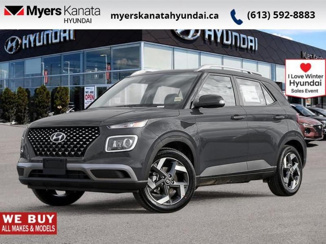 <b>Sunroof,  Wireless Charging,  LED Lights,  Heated Seats,  Heated Steering Wheel!</b><br> <br> <br> <br>  With amazing cargo space paired to an amazing performer like this 2025 Hyundai Venue, you can get it all done. <br> <br>With an amazing, urban sized footprint, plus a massive amount of cargo space, this 2025 Venue can do it all. Whether you need a grocery getter, kid hauler, or an errand runner, this 2025 Venue is ready to turn everything into an adventure. This modern Venue has a bold yet sophisticated SUV profile that radiates road presence and allows you to express your unique sense of style. <br> <br> This ecotronic gry SUV  has an automatic transmission and is powered by a  121HP 1.6L 4 Cylinder Engine.<br> <br> Our Venues trim level is Ultimate IVT w/Black Interior. This range-topping Venue Ultimate with the Black Interior rewards you with a power-sliding sunroof, LED headlights with cornering function, and wireless charging for mobile devices, along with blind spot detection, remote engine start, roof rack rails, and a heated steering wheel. Additional features include heated front seats, 60-40 folding rear seats, remote keyless entry, power heated side mirrors, automatic high beams, front and rear cupholders, and an 8-inch touchscreen with wireless Apple CarPlay and Android Auto. Safety features include lane keeping assist, lane departure warning, forward collision avoidance, driver monitoring alert, and a rear view camera. This vehicle has been upgraded with the following features: Sunroof,  Wireless Charging,  Led Lights,  Heated Seats,  Heated Steering Wheel,  Apple Carplay,  Android Auto. <br><br> <br>To apply right now for financing use this link : <a href=https://www.myerskanatahyundai.com/finance/ target=_blank>https://www.myerskanatahyundai.com/finance/</a><br><br> <br/>    This vehicle may qualify for $500 Military Program Bonus. Eligible customers may qualify for the Hyundai 0.50% Loyalty Finance Rate Reduction - certain restrictions may apply. 6.49% financing for 96 months. <br> Buy this vehicle now for the lowest weekly payment of <b>$103.44</b> with $0 down for 96 months @ 6.49% APR O.A.C. ( Plus applicable taxes -  $2596 and licensing fees    ).  Incentives expire 2025-01-31.  See dealer for details. <br> <br>This vehicle is located at Myers Kanata Hyundai 400-2500 Palladium Dr Kanata, Ontario. <br><br> Come by and check out our fleet of 30+ used cars and trucks and 110+ new cars and trucks for sale in Kanata.  o~o